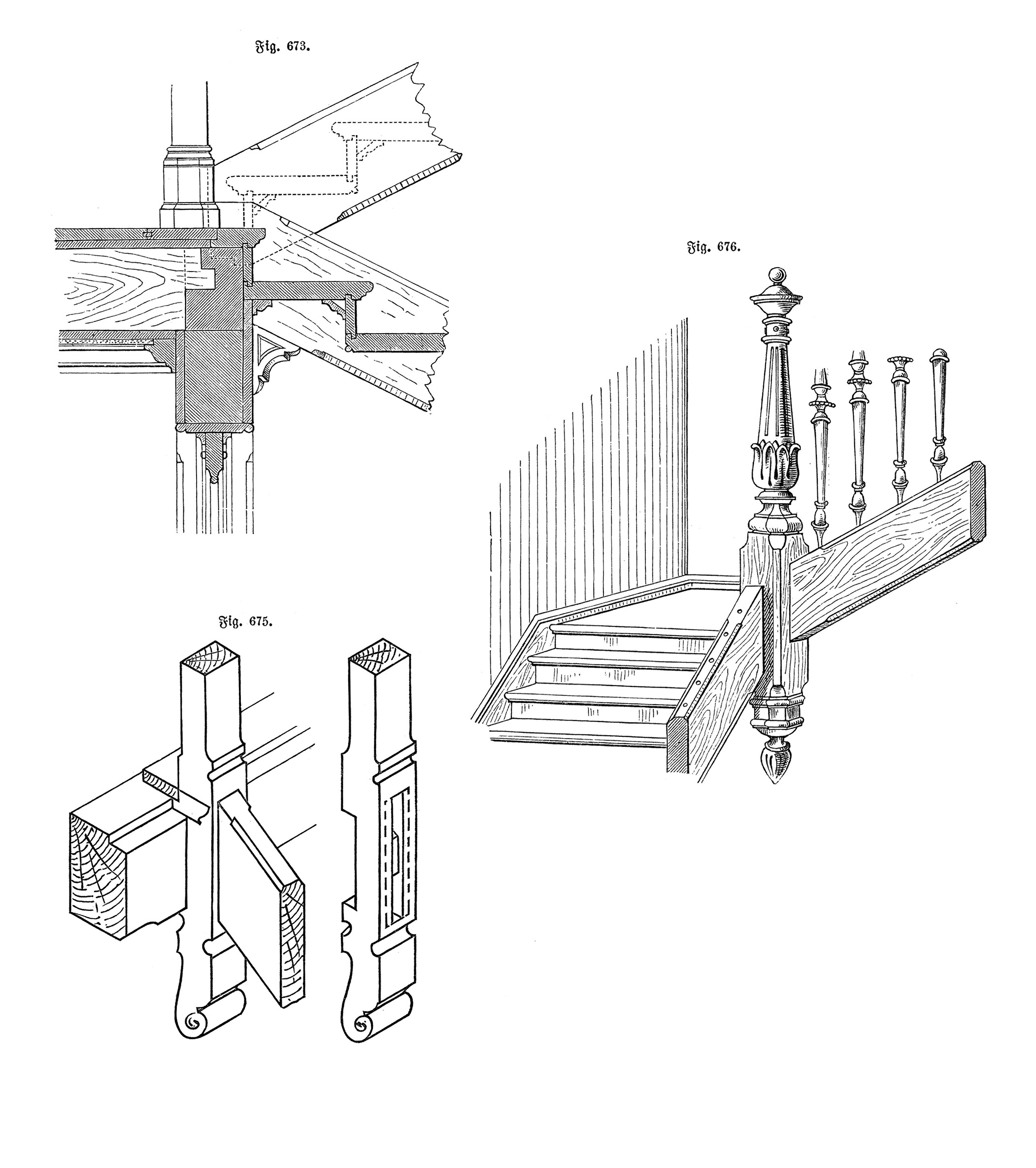 Fig. 673. // Fig. 675. // Fig. 676. // Konstruktive Verbindung der Wangenenden mit Geländerpfosten [Anm. d. Red.]