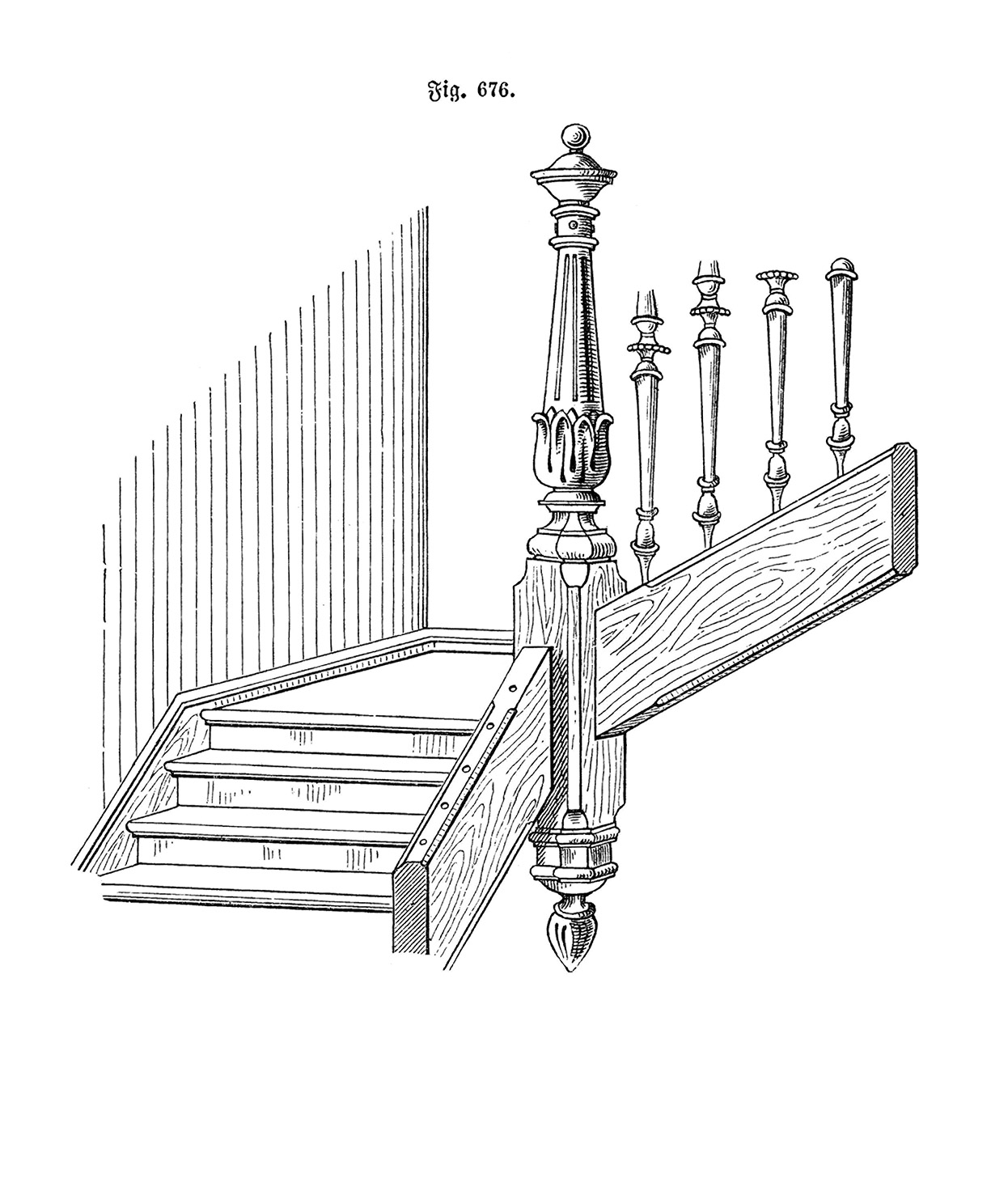 Fig. 676. // Einsatz der oberen Wangenenden in Hängesäule [Anm. d. Red.]
Fig. 676. // Freitragende Treppe [Anm. d. Red.]