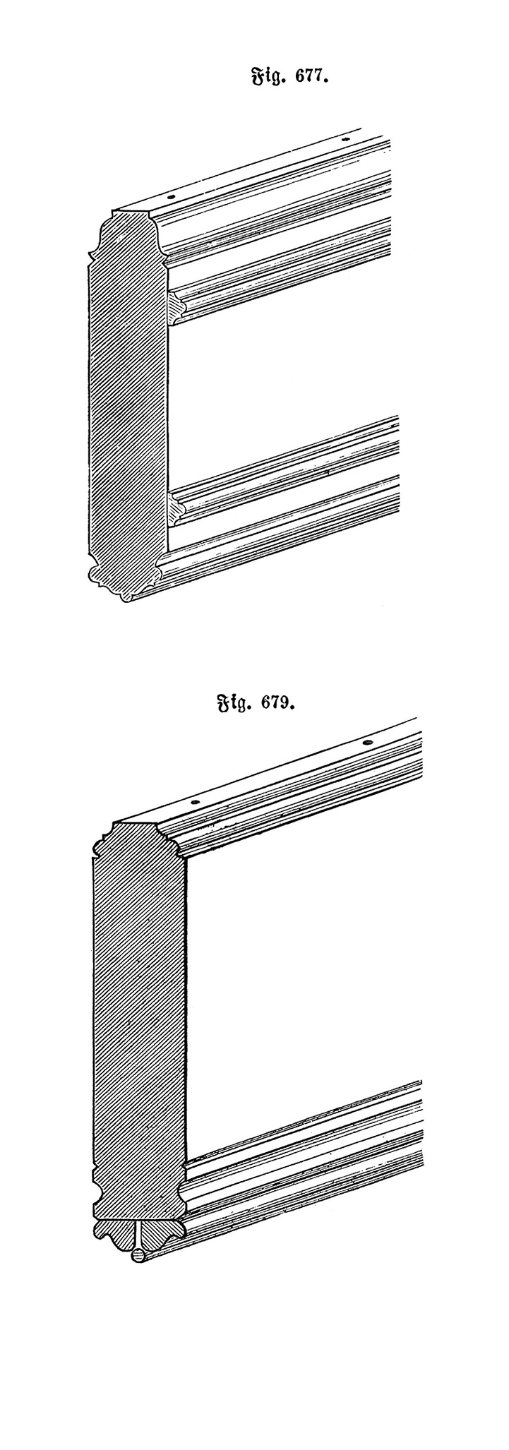 Fig. 677. // Fig. 679. // Abschluss der Wangenenden mit Zierprofilen [Anm. d. Red.]