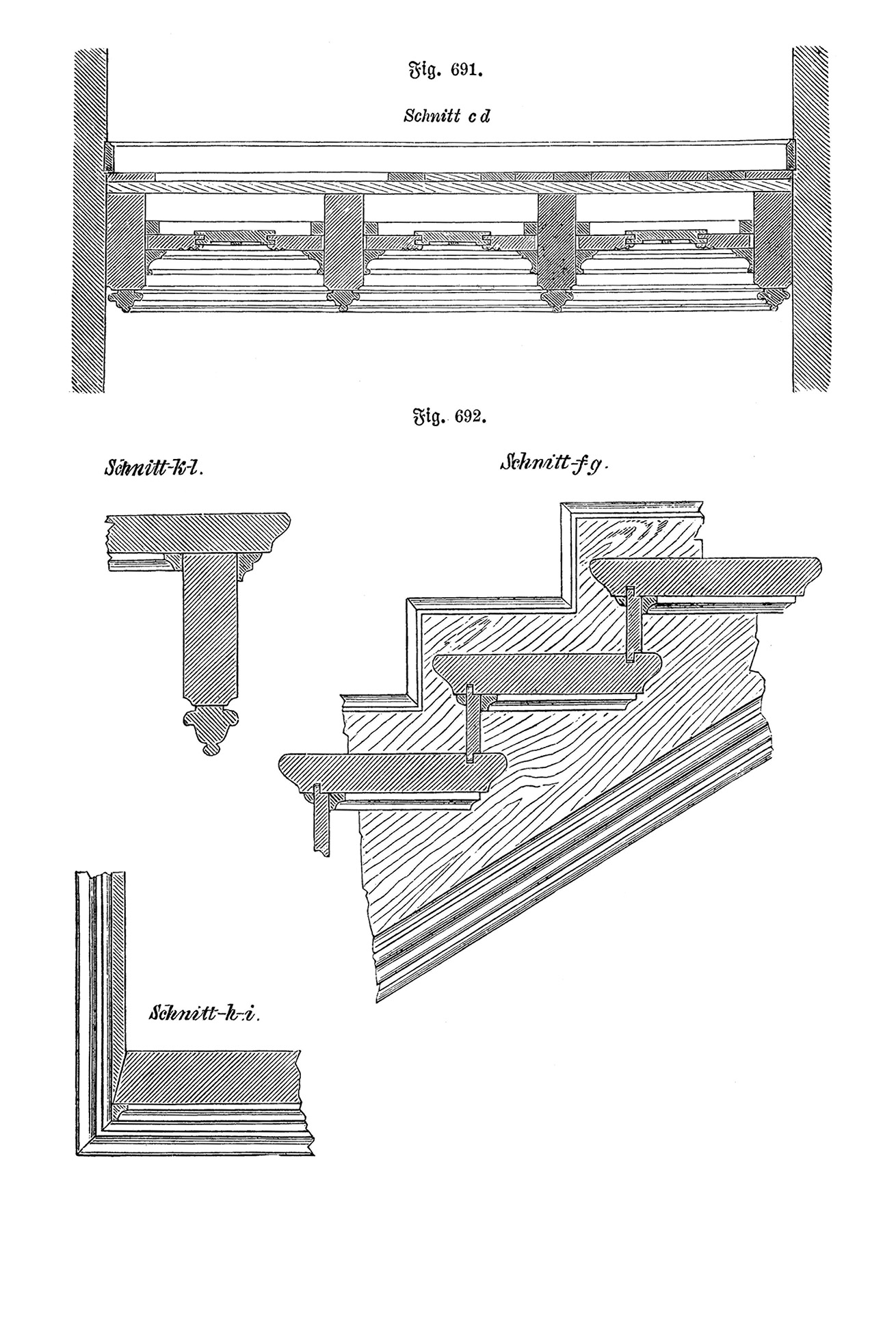 Fig. 691. // Fig. 692. // Schnitt Treppe und Treppenpodest [Anm. d. Red.]