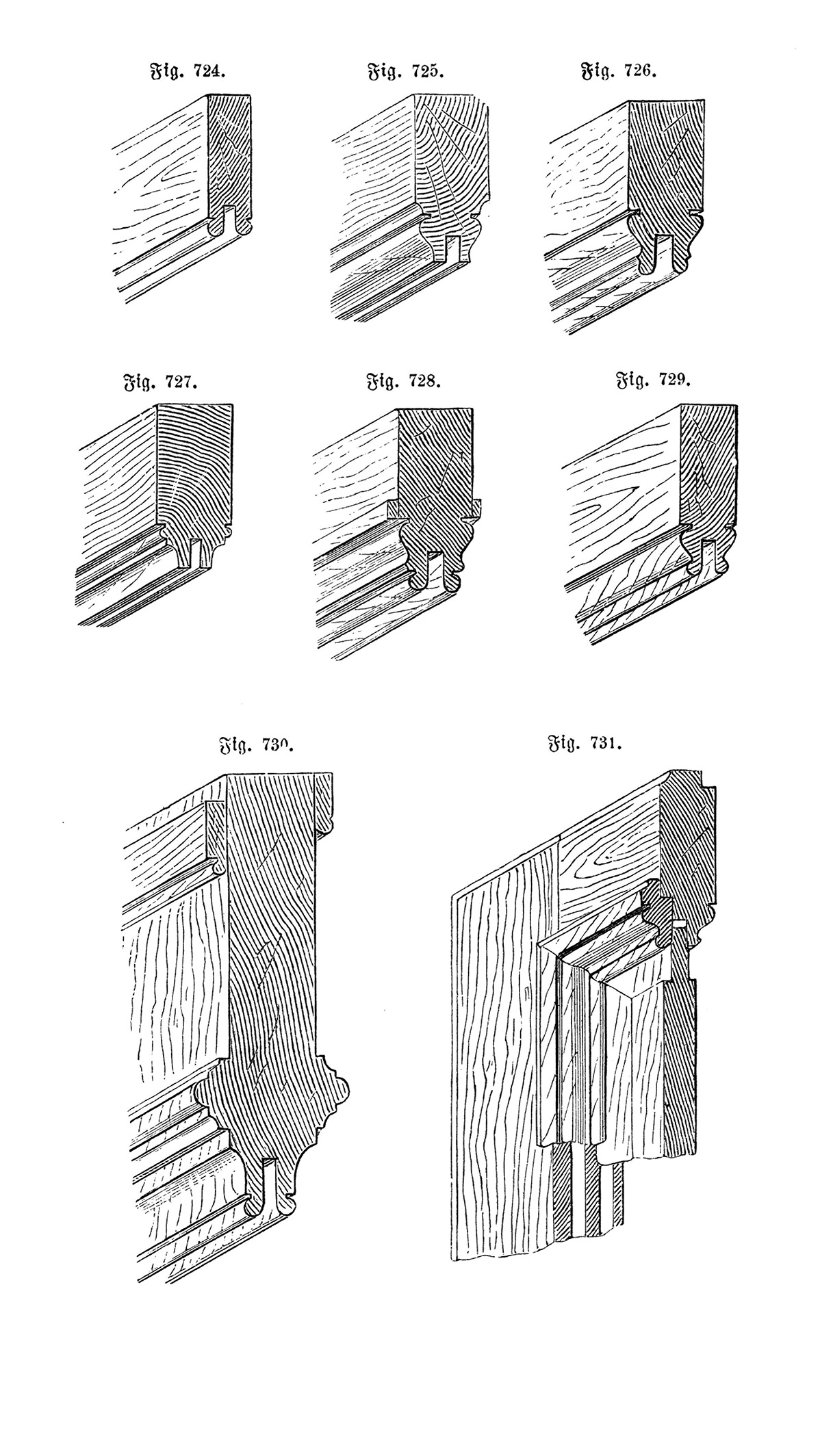 Fig. 724. - Fig. 731. // Beispiele profilierter und ausgenuteter Rahmen [Anm. d. Red.]