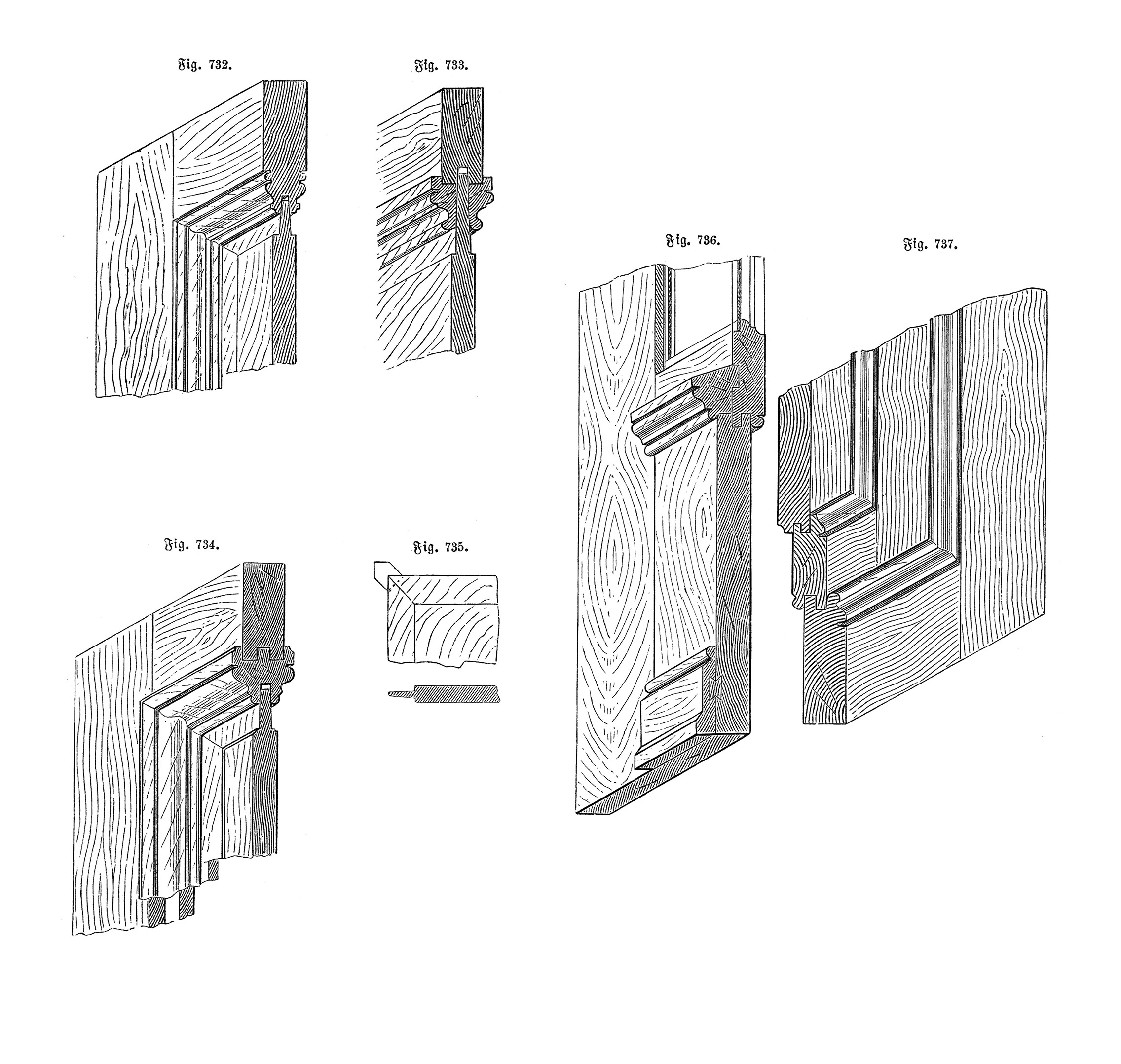 Fig. 732. - Fig. 737 // Kehlstoß in der Nut [Anm. d. Red.]