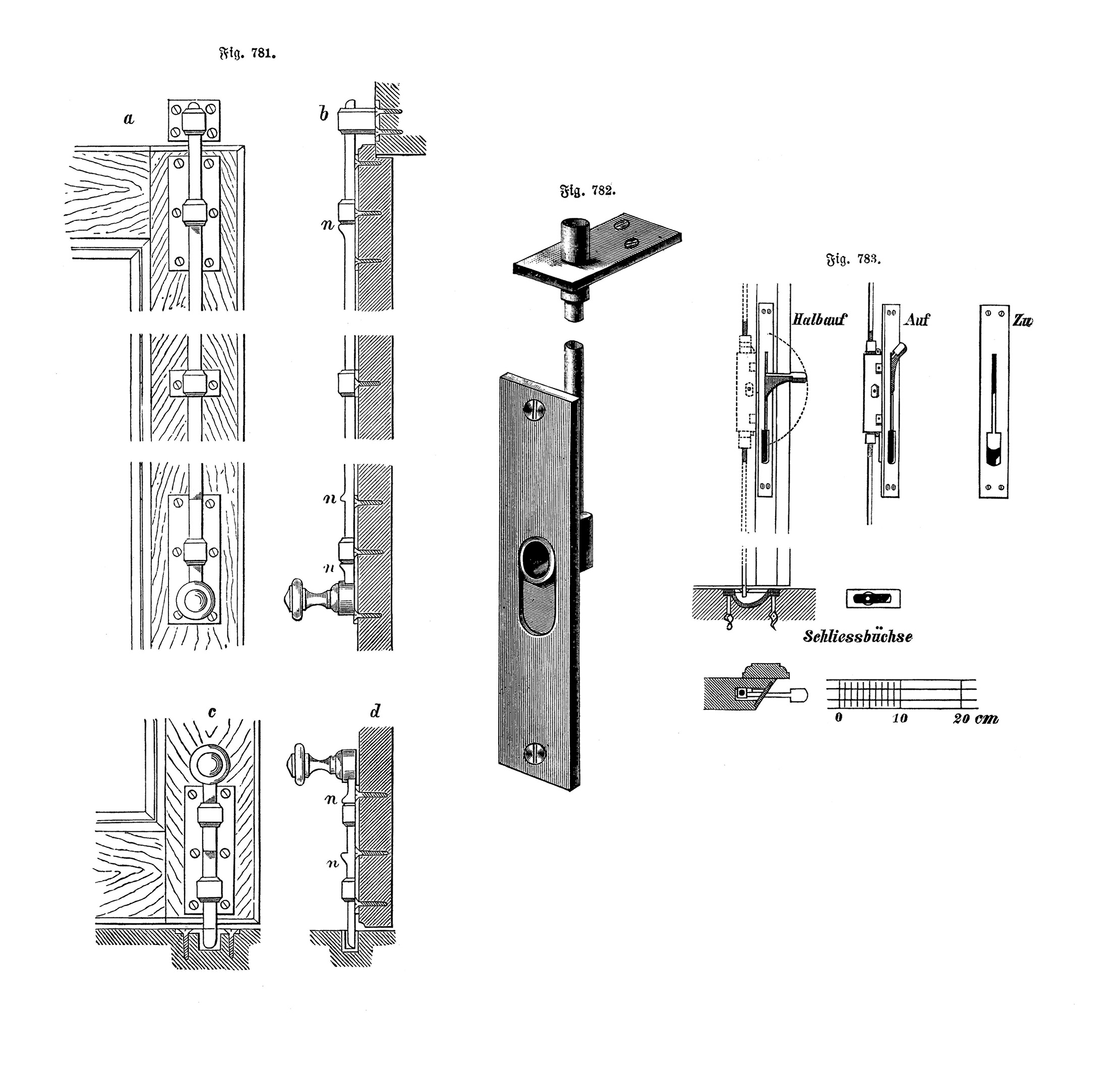 Fig. 781. - Fig. 783. // Anbringung der oberen und unteren Verschlussriegel an zweiflügligen Türen [Anm. d. Red.]