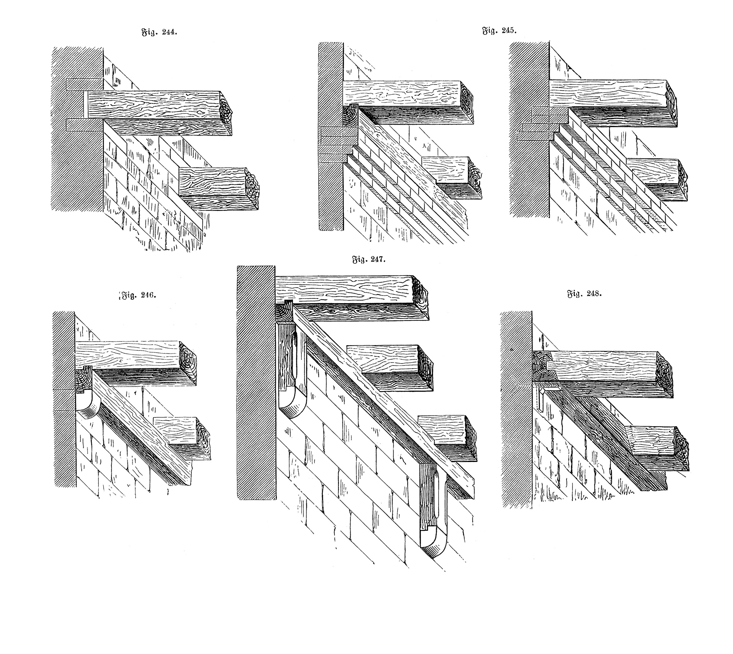 Fig. 244. - Fig. 248. // Auflager von Holzbalkendecken im Mauerwerk [Anm. d. Red.]