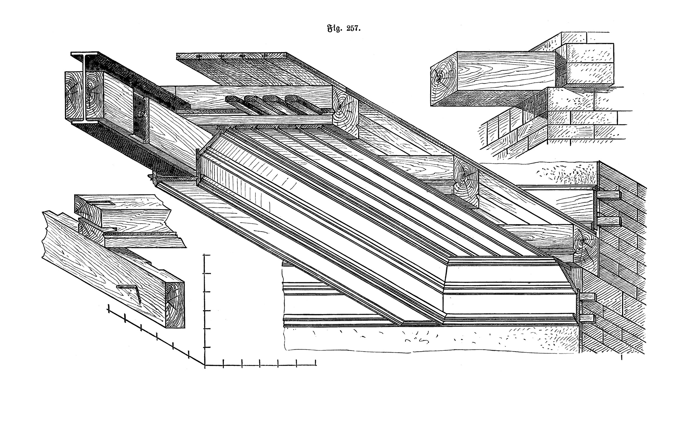 Fig. 257. // Isometrische Konstruktionszeichnung einer Holzbalkendecke mit Stahlunterzug [Anm. d. Red.]