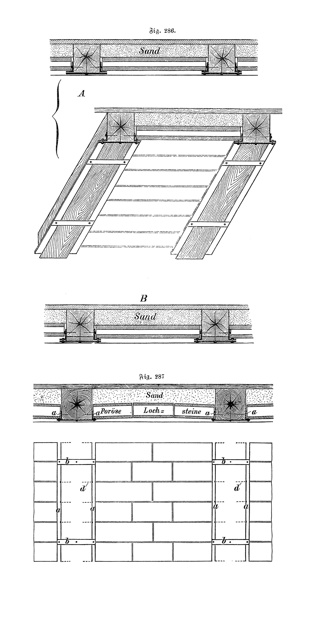 Fig.286. // Holzbalkendecke mit Backsteinplatten [Anm. d. Red.] // Fig. 287. // Holzbalkendecke mit porösen Hohlsteinen [Anm. d. Red.]