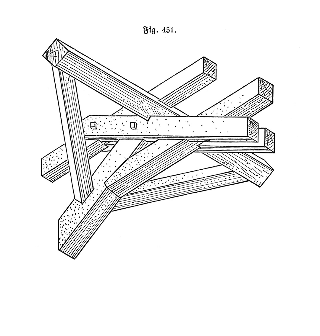 Fig. 451. /// Sonderkonstruktion stützenfreie und weitgespannte Dachstühle abgeänderte Pfettenlage [Anm. d. Red.]