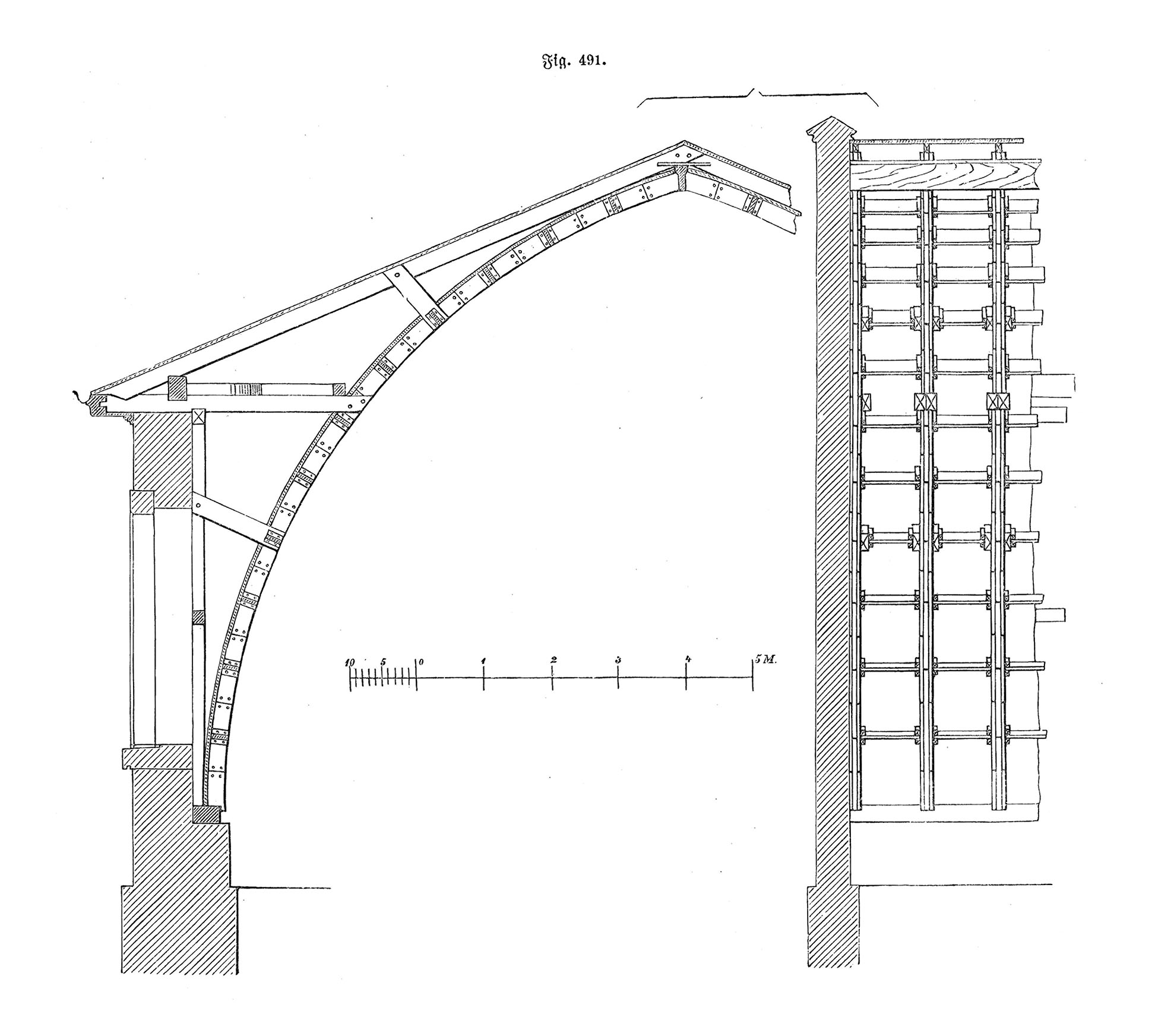 Fig. 491. // Dachkonstruktion eines Bohlendaches für eine Reitbahn, entworfen von Karl Friedrich Schinkel [Anm. d. Red.]