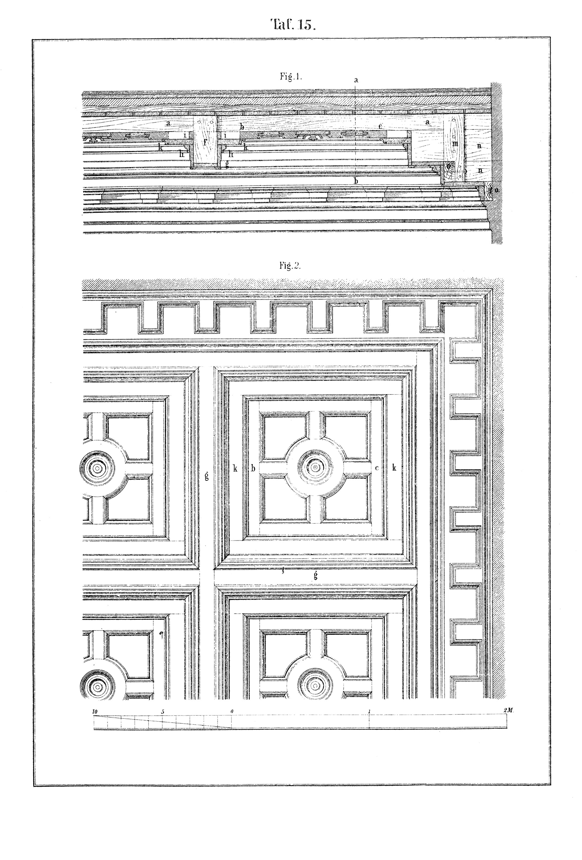 Taf.15. // Ausführungsbeispiel Kassettendecke in Schnitt und Untersicht [Anm. d. Red.]