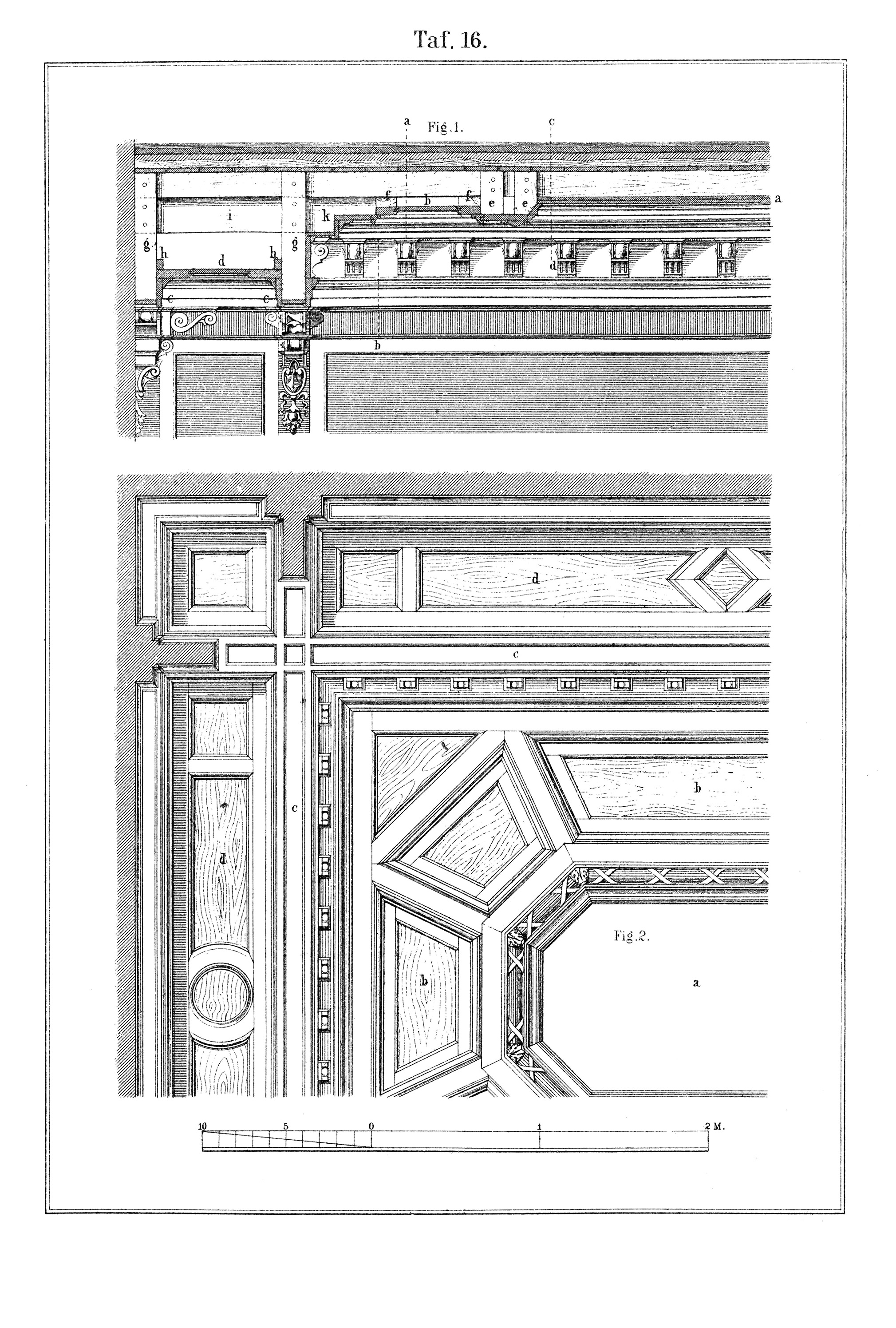 Taf.16. // Ausführungsbeispiel Kassettendecke in Schnitt und Untersicht [Anm. d. Red.]