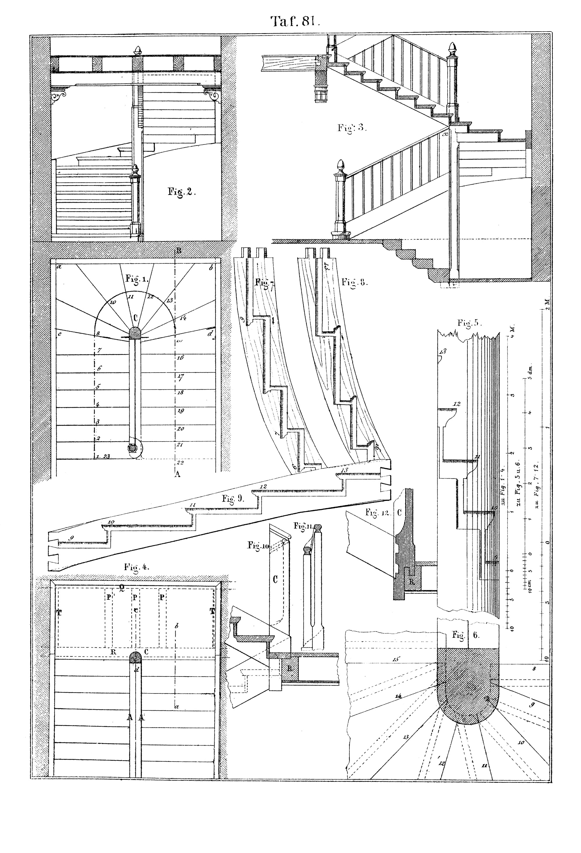 Taf. 81 // Einsatz der oberen Wangenenden in Pfosten oder Geländerpfosten [Anm. d. Red.]
Taf. 81. // Konstruktive Verbindung der Wangenenden mit Pfosten [Anm. d. Red.]
Taf. 81. // Verbindung Krümmling mit gerader Wange und Trittstufen [Anm. d. Red.]
Taf. 81. // Gewendelte Holztreppe [Anm. d. Red.]
Taf. 81. // Konstruktion der Wendeltreppe um Treppenpfosten [Anm. d. Red.]