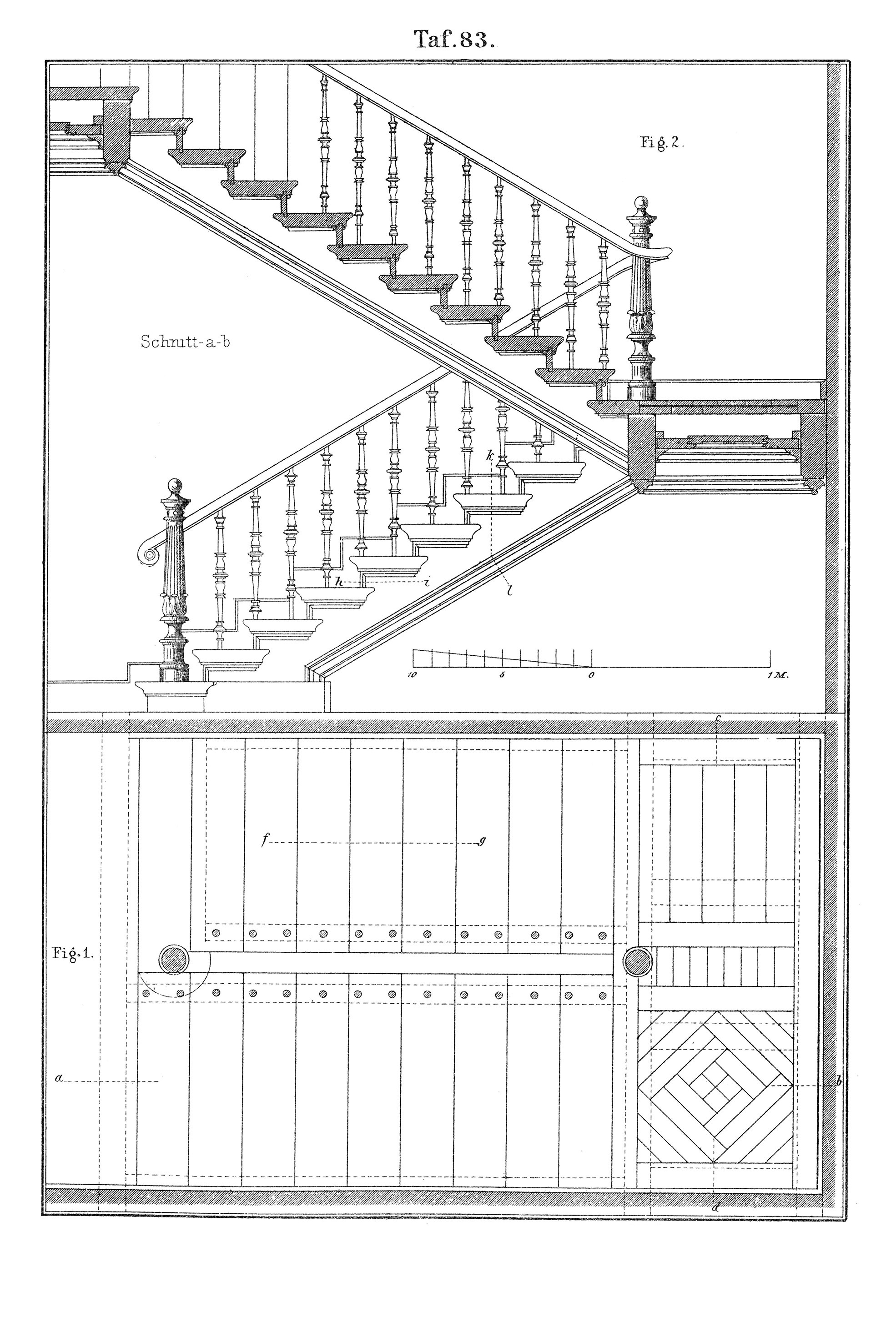 Taf. 83. // Doppelläufige Holztreppe in Grundriss und Längsschnitt [Anm. d. Red.]
Taf. 83. // Doppelläufige Holztreppe [Anm. d. Red.]