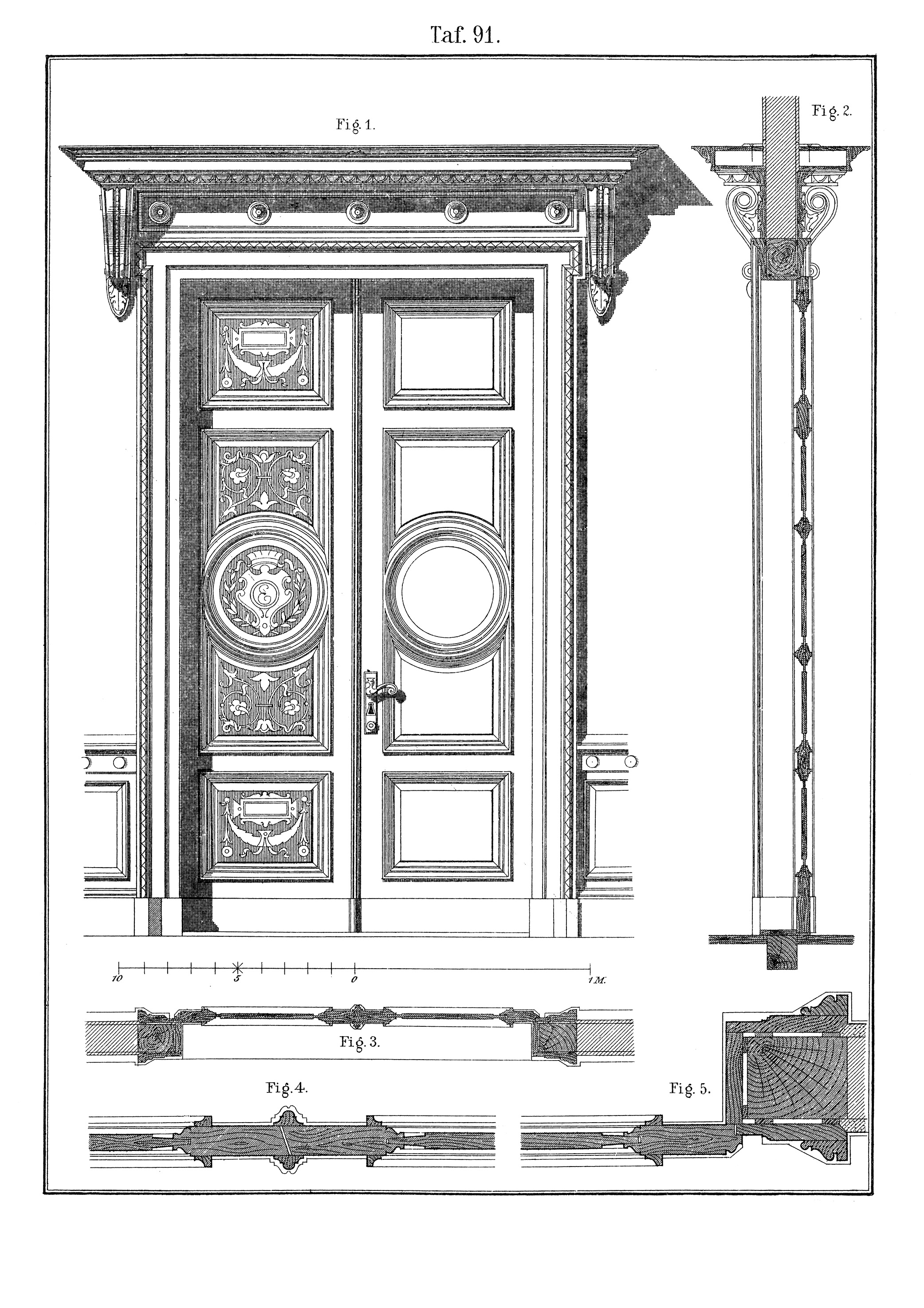 Taf. 91. // Drei-Tafel-Projektion zweiflügelige Holztür [Anm. d. Red.]