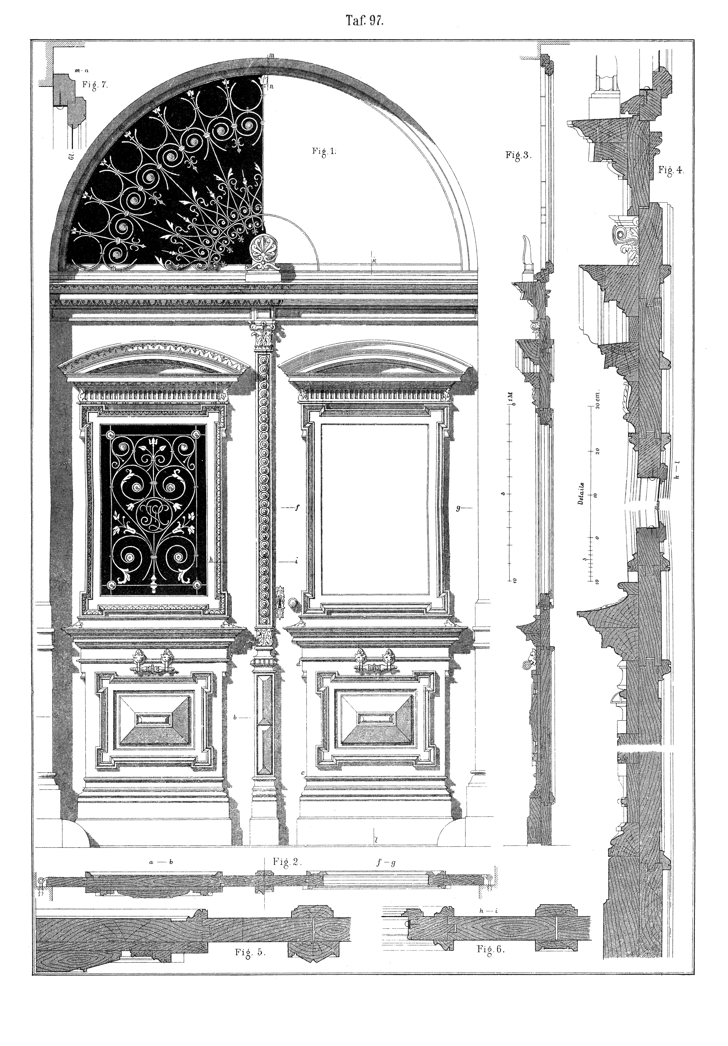 Taf. 97. // Drei-Tafel-Projektion doppelflügeliges Tor [Anm. d. Red.]