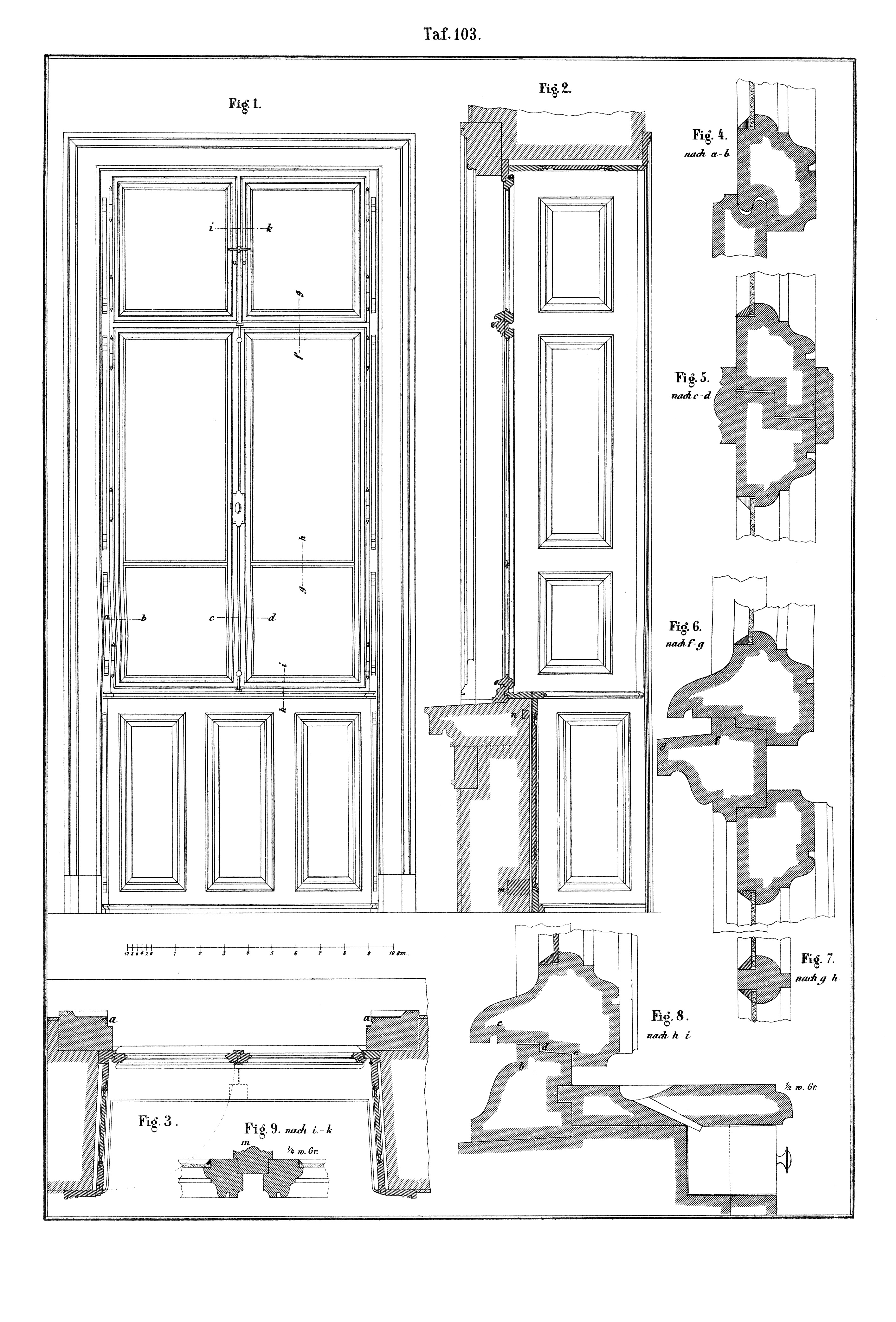Taf. 103. // Drei-Tafel-Projektion Falz- und Fensterbank-Entwässerung an Bank und Kämpfer [Anm. d. Red.]
Taf. 103. // Basküleverschluss [Anm. d. Red.]