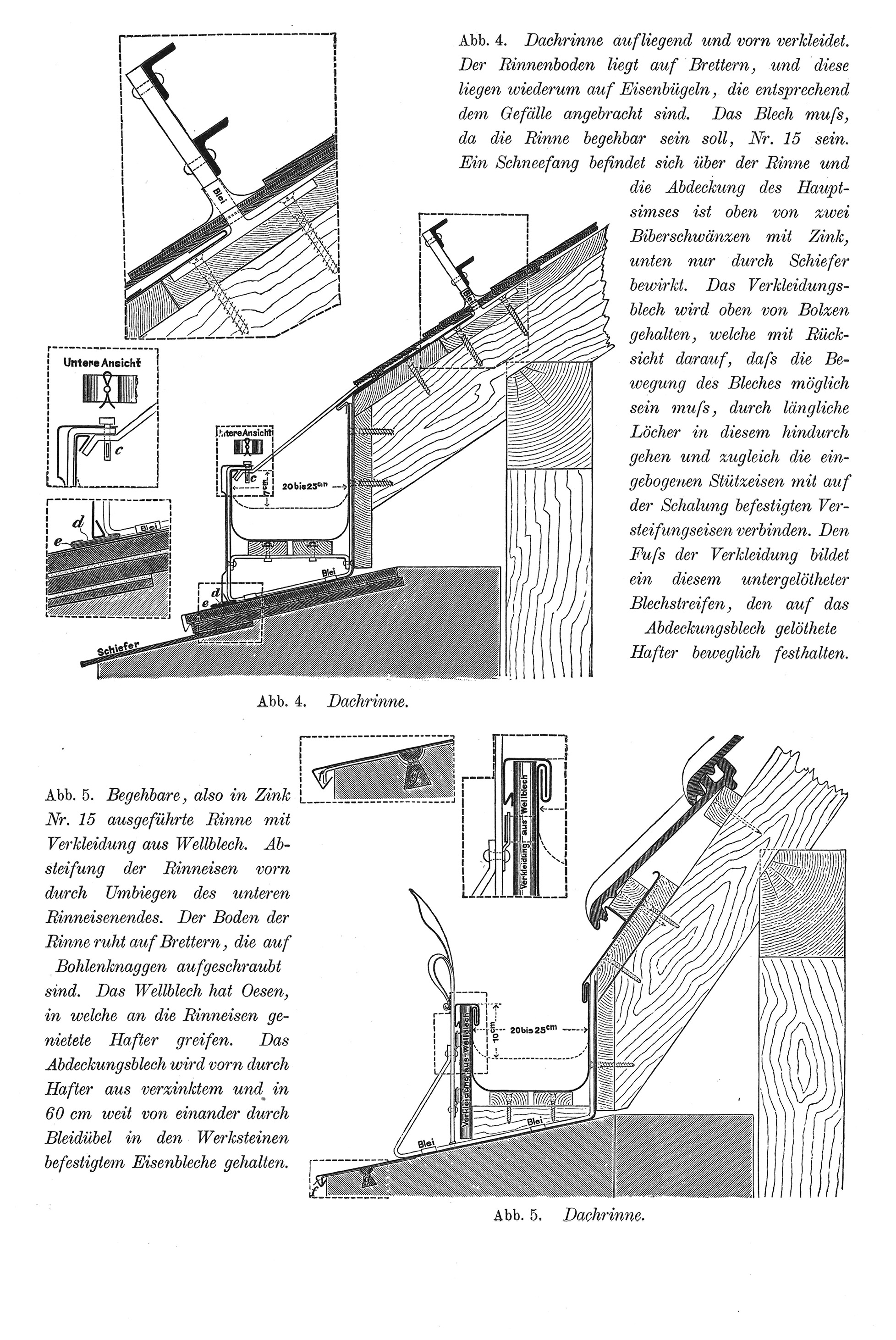 Abb. 4. Dachrinne aufliegend und vorn verkleidet // Abb. 5. Begehbare, also in Zink Nr. 15 ausgeführte Rinne mit Verkleidung aus Wellblech.