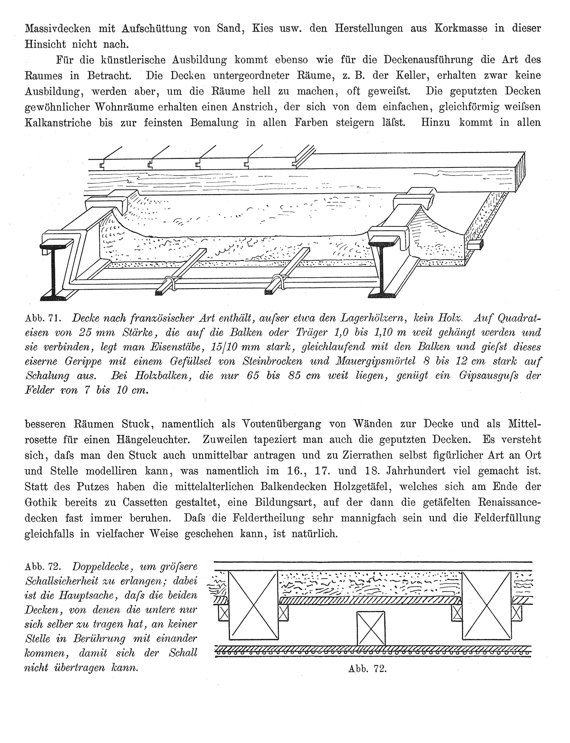Abb. 71. Decke nach französischer Art // Abb. 72. Doppeldecke, um größere Schallsicherheit zu erlangen