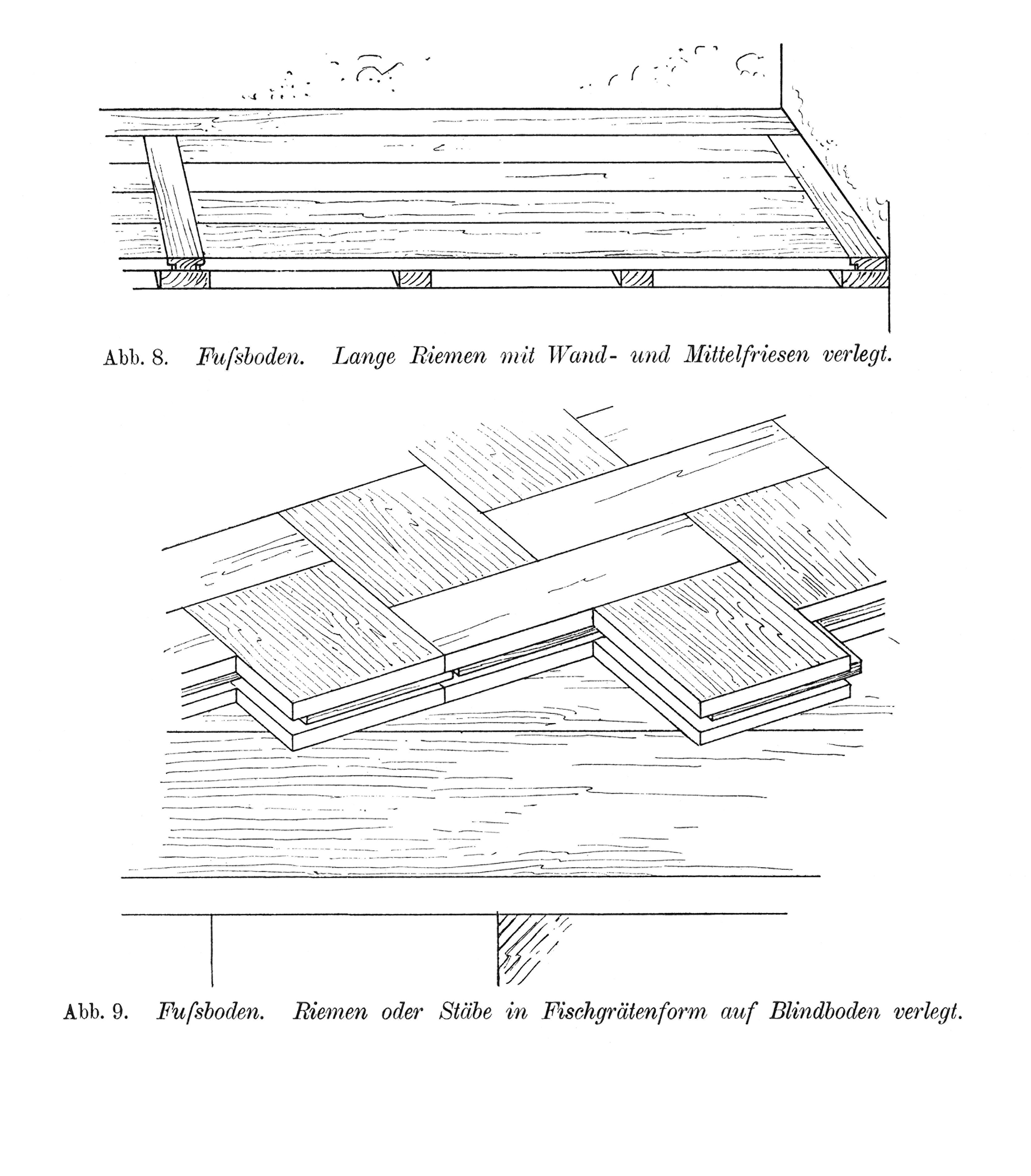 Abb. 8. Fußboden. Lange Riemen mit Wand- und Mittelfriesen verlegt. // Abb. 9. Fußboden. Riemen oder Stäbe in Fischgrätenform auf Blindboden verlegt.