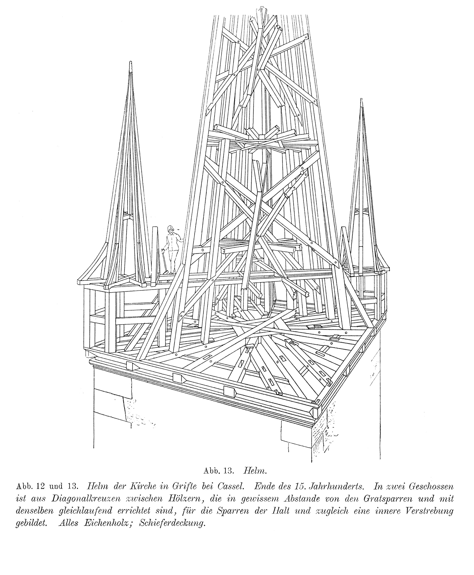 Abb. 12 und 13. Helm der Kirche in Grifte bei Cassel. Ende des 15. Jahrhunderts.