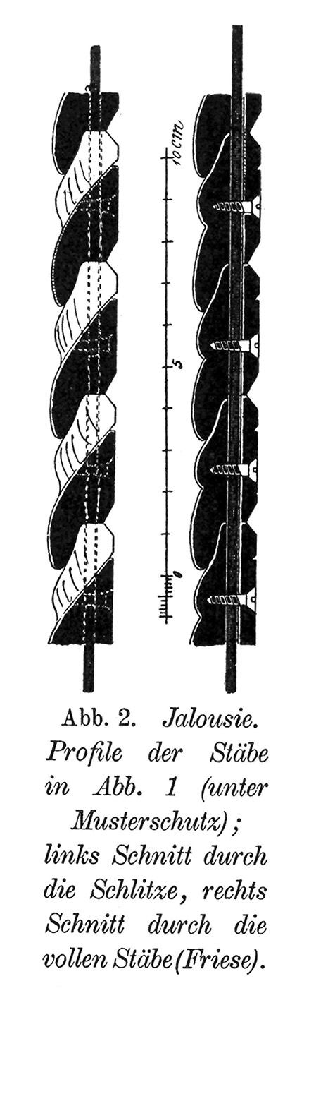 Abb. 2. Jalousie. Profile der Stäbe in Abb. 1 (unter Musterschutz); links Schnitt durch die Schlitze, rechts Schnitt durch die vollen Stäbe (Friese).