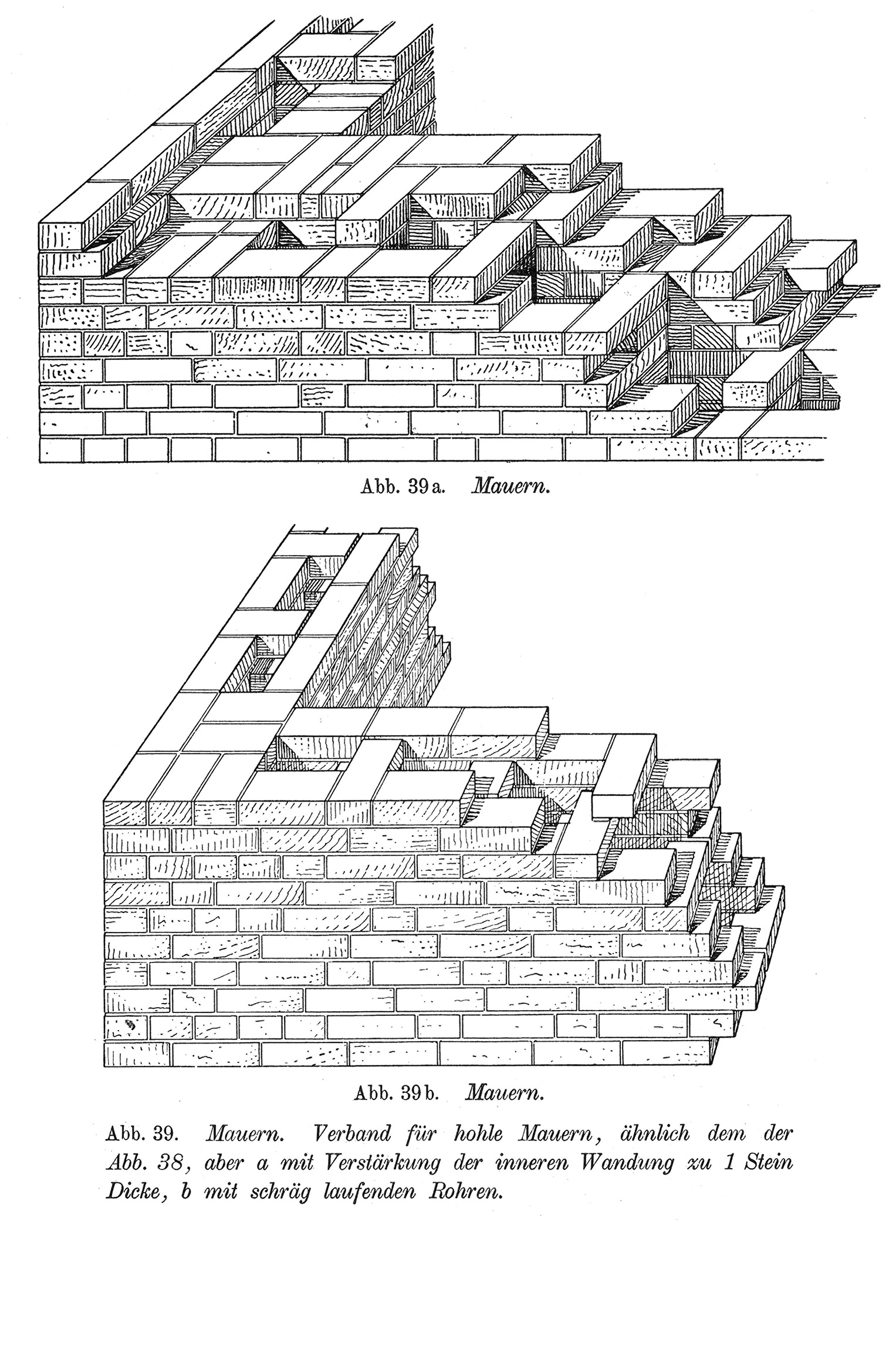 Abb. 39. Mauern. Verband für hohle Mauern, ähnlich dem der Abb. 38, aber a mit Verstärkung der inneren Wandung zu 1 Stein Dicke, b mit schräg laufenden Rohren.