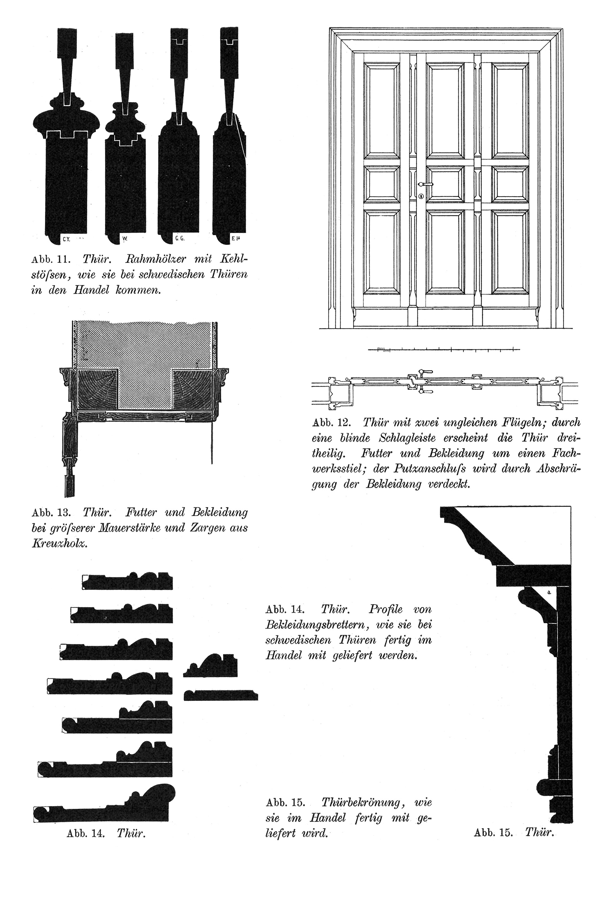Abb. 11. Thür. Rahmhölzer mit Kehlstößen, wie sie bei schwedischen Thüren in den Handel kommen. // Abb. 12. Thür mit zwei ungleichen Flügeln // Abb. 13. Futter und Bekleidung bei größerer Mauerstärke // Abb. 14. Profile von Bekleidungsbrettern // Abb. 15. Thürbekrönung , wie sie im Handel fertig mit geliefert wird.