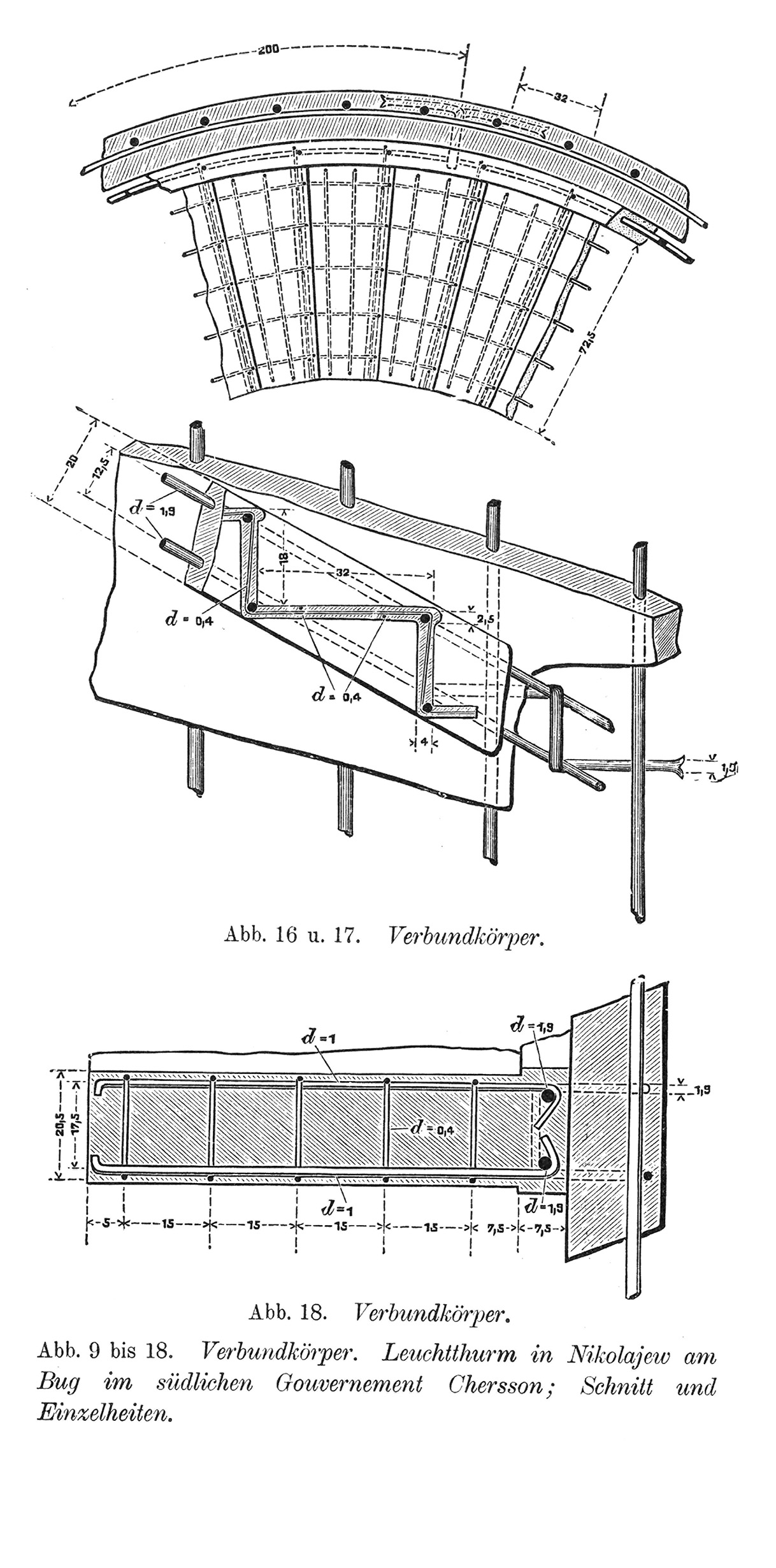 Abb. 16-18. Verbundkörper. // Leuchtthurm in Nicolajew am Bug im südlichen Gouvernement Chersson // Eisen- oder Stahlbeton [Anm. d. Red.]