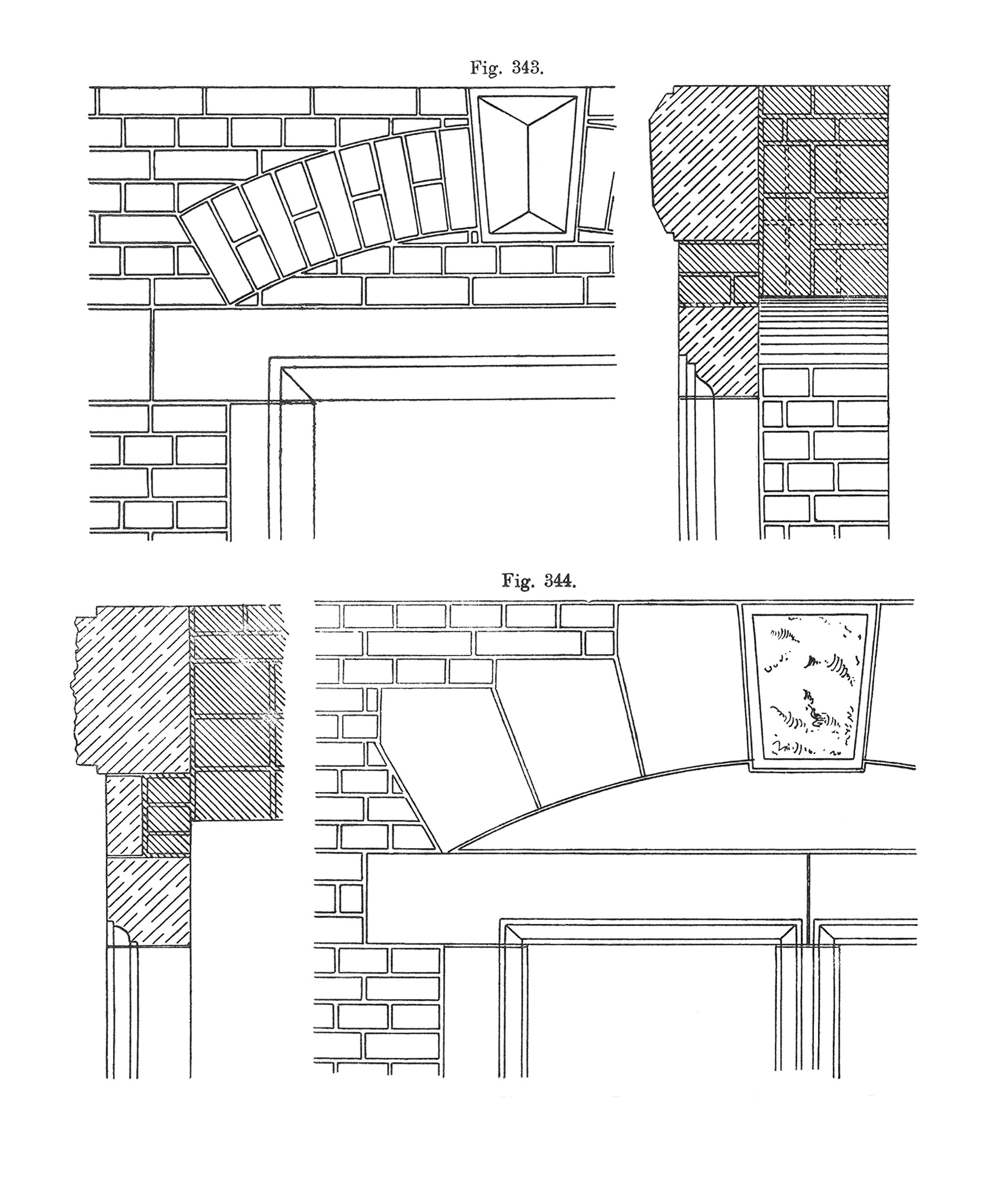 Fig. 343 + 344 // Entlastungsbogen über Werkstein- Flachsturz aus Werkstein mit Schlusstein [Anm. d. Red.]