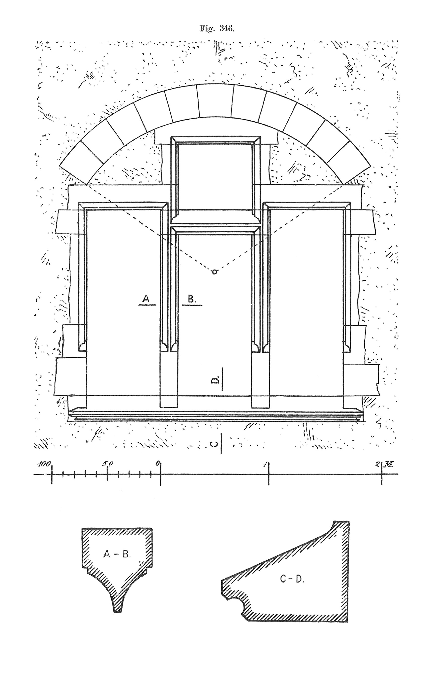 Fig. 345 // Entlastungsbogen über Werkstein- Flachstürzen aus Werkstein [Anm. d. Red.]