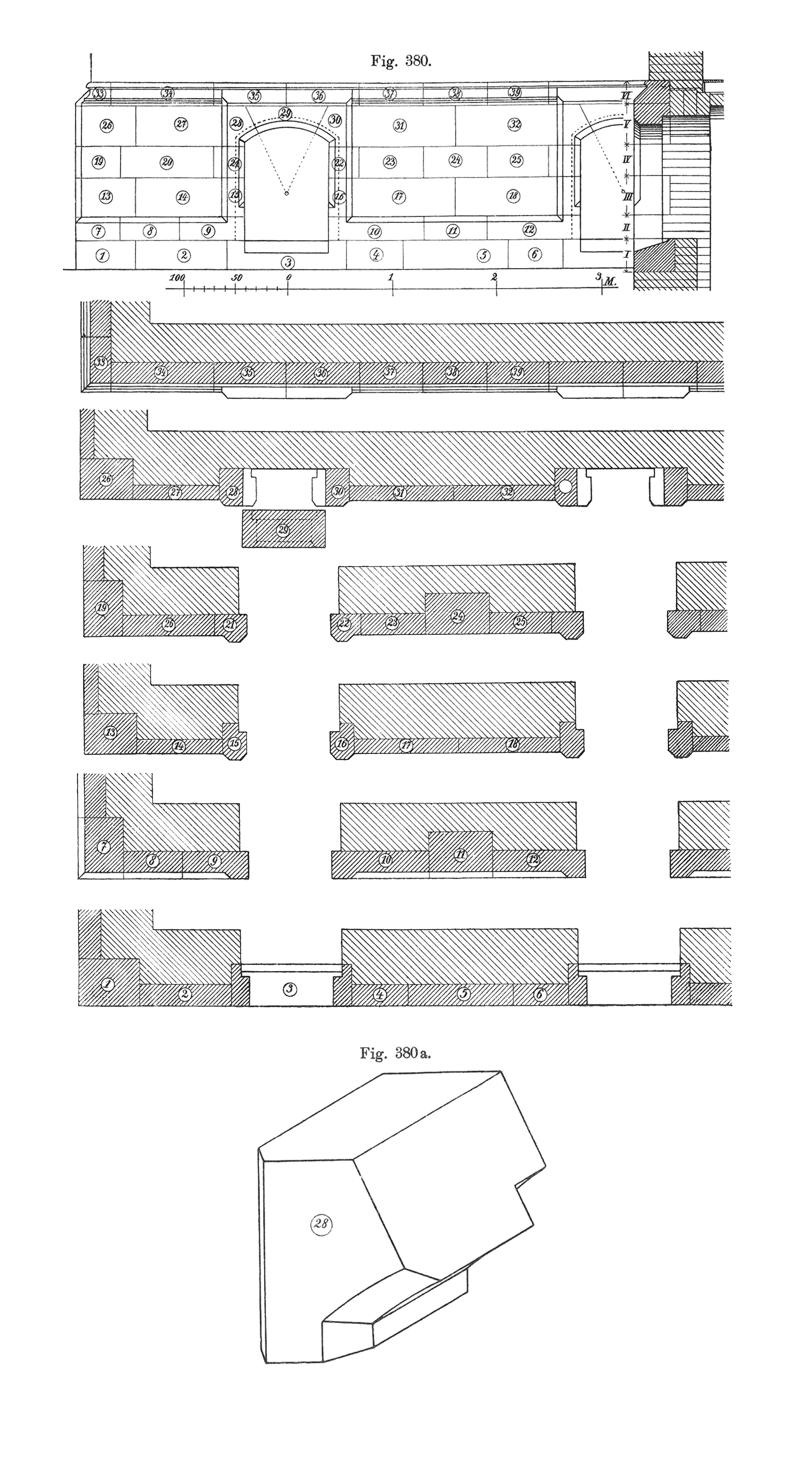 Fig. 380 + 380a // Werksteinverkleidung Aussenwand, Ansicht und Grundrisse der Schichten mit Bezeichnung der einzelnen Steine [Anm. d. Red.]