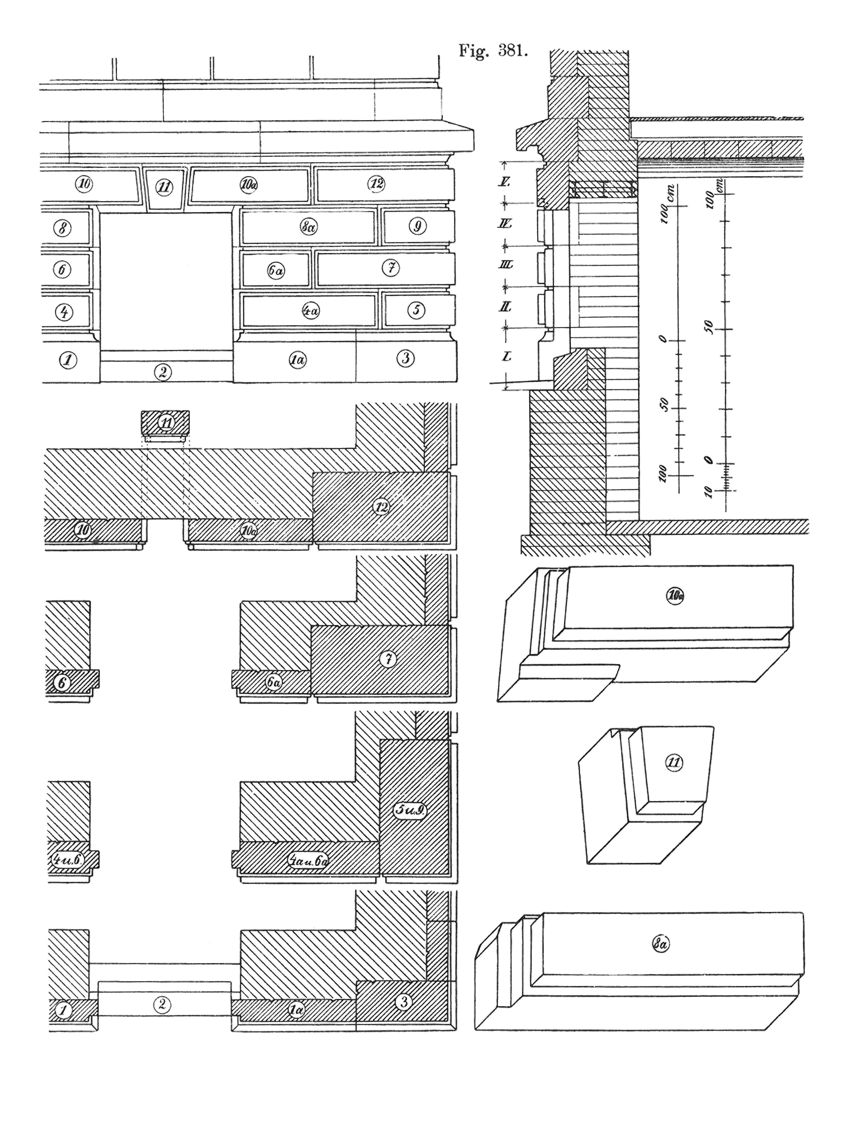 Fig. 381 // Werksteinverkleidung Aussenwand, Ansicht und Grundrisse der Schichten mit Bezeichnung der einzelnen Steine [Anm. d. Red.]