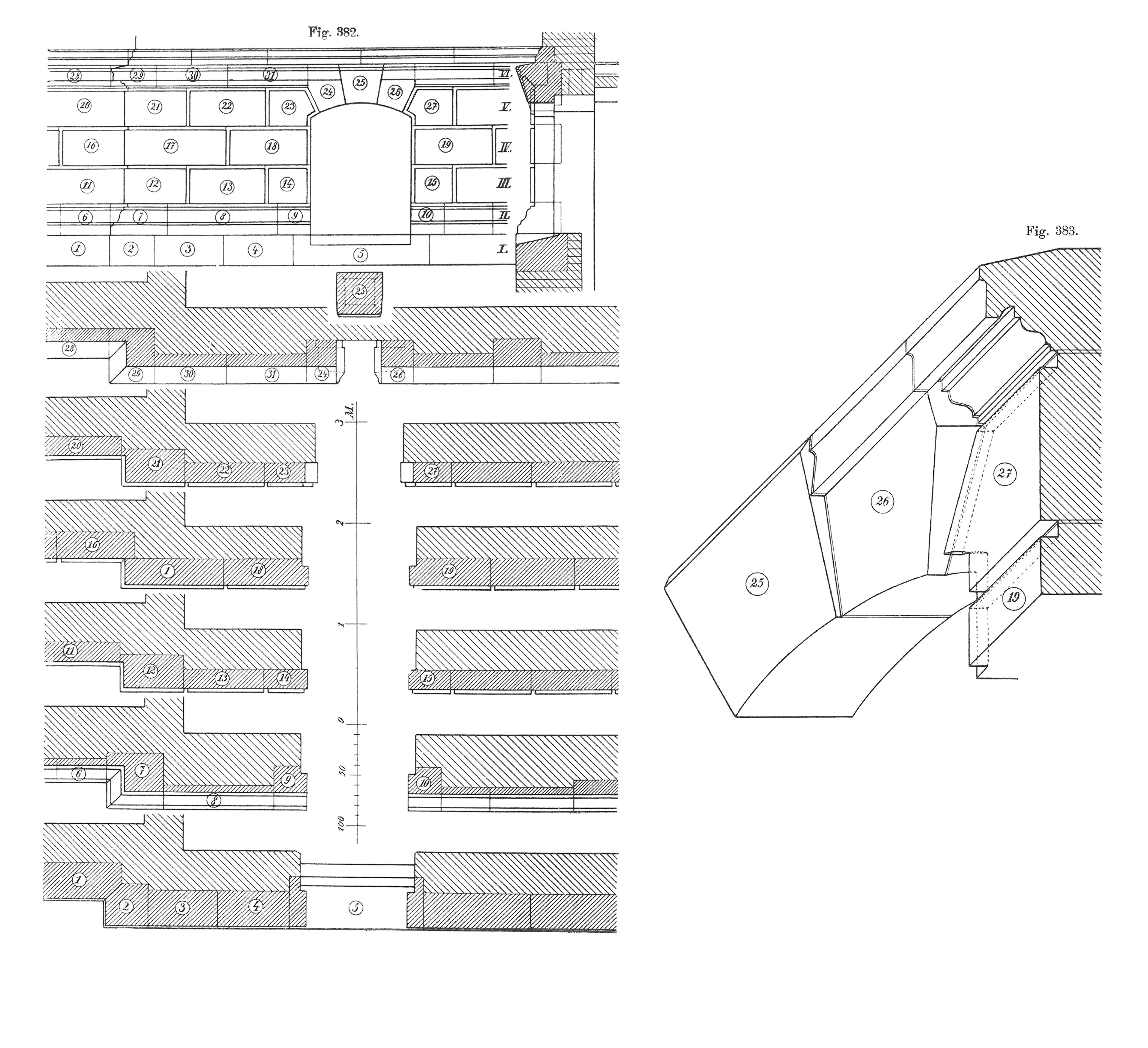 Fig. 382 + 383 // Werksteinverkleidung Aussenwand, Ansicht und Grundrisse der Schichten mit Bezeichnung der einzelnen Steine [Anm. d. Red.]