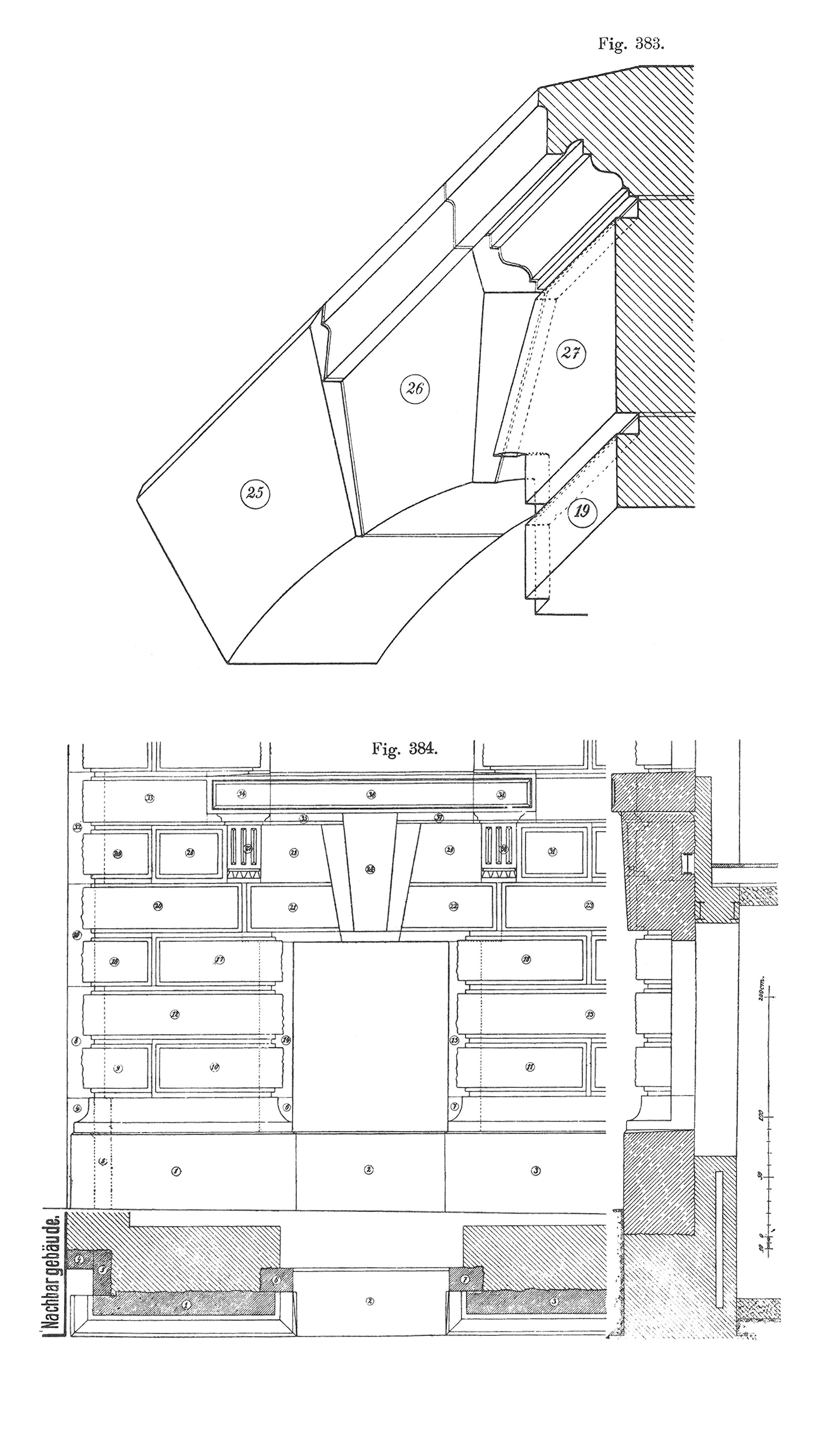 Fig. 380 // Werksteinverkleidung Aussenwand, Ansicht und Grundrisse der Schichten mit Bezeichnung der einzelnen Steine [Anm. d. Red.]