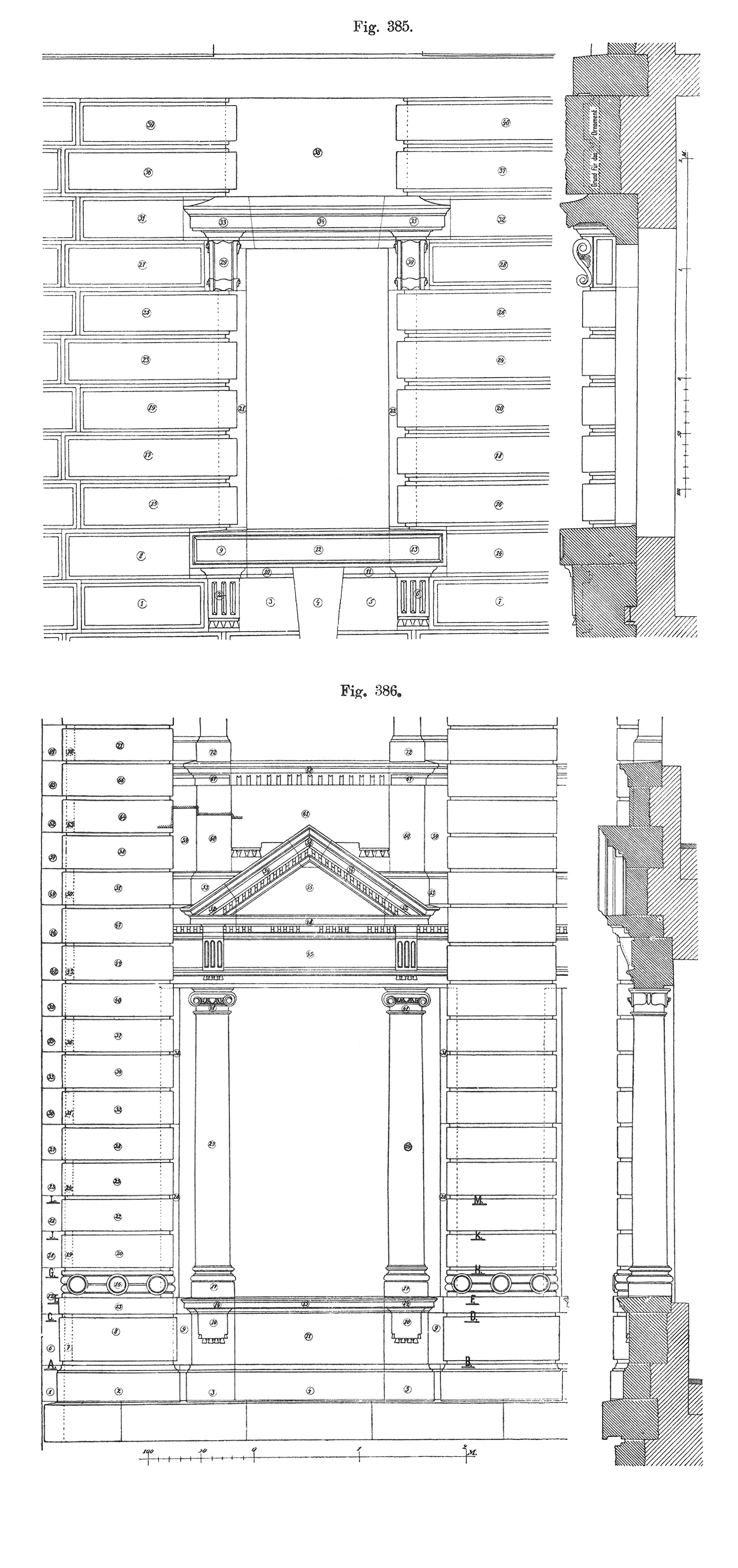 Fig. 384 // Werksteinverkleidung Aussenwand, Ansicht und Grundrisse der Schichten mit Bezeichnung der einzelnen Steine [Anm. d. Red.]