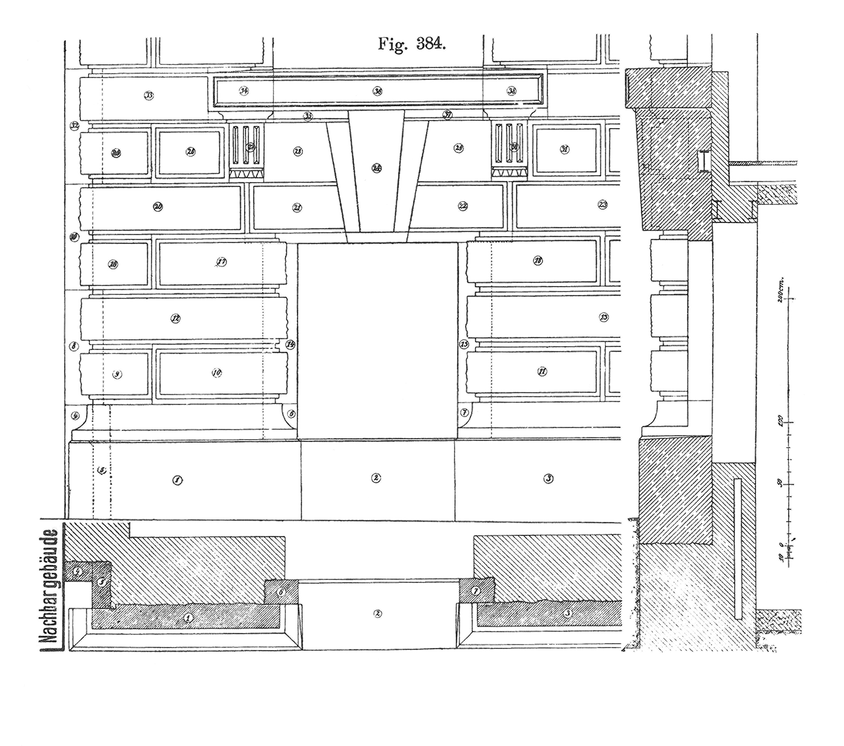 Fig. 384 // Werksteinverkleidung Aussenwand, Ansicht und Grundrisse der Schichten mit Bezeichnung der einzelnen Steine [Anm. d. Red.]