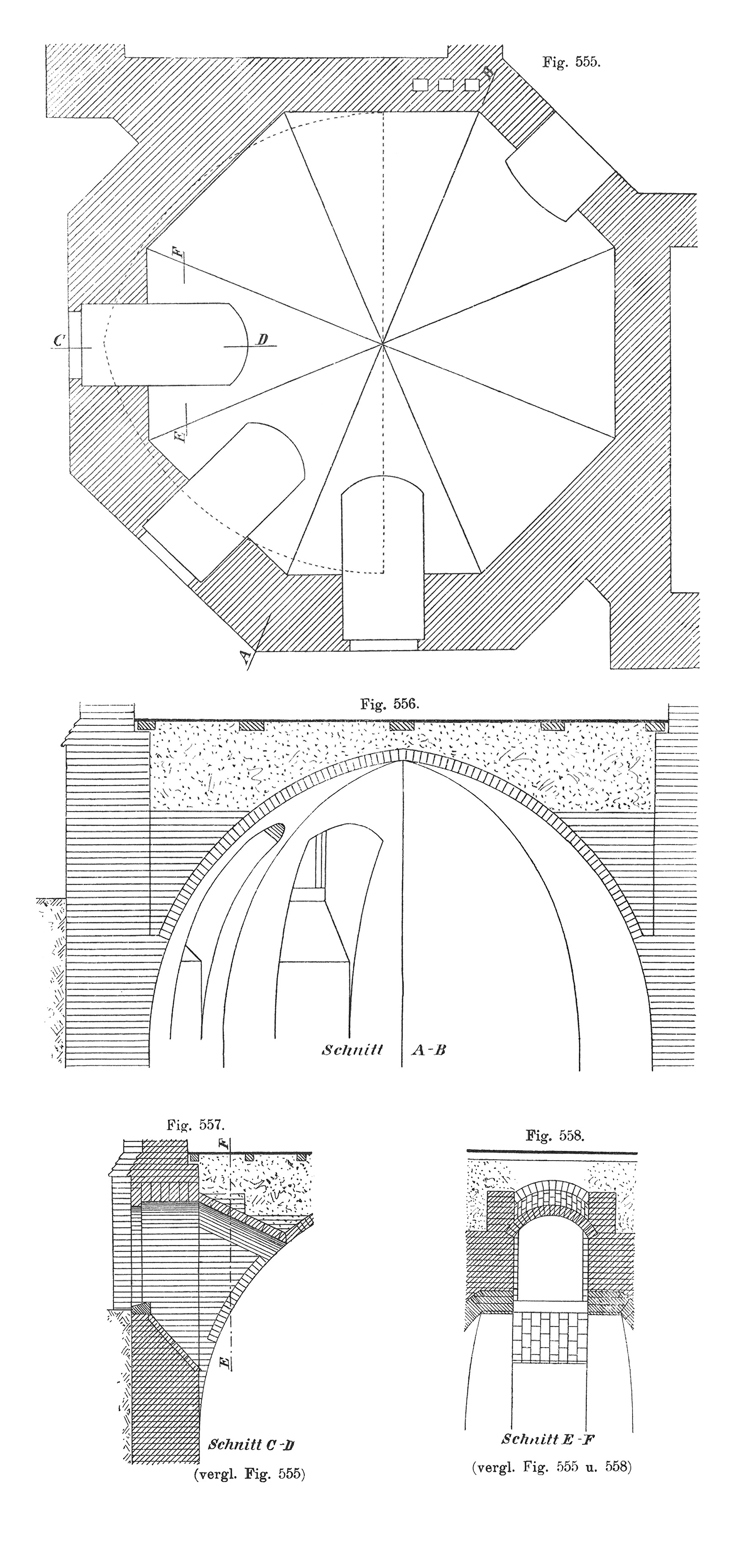 Fig. 557 + 558 // Klostergewölbe über einem achteckigem Raum [Anm. d. Red.]