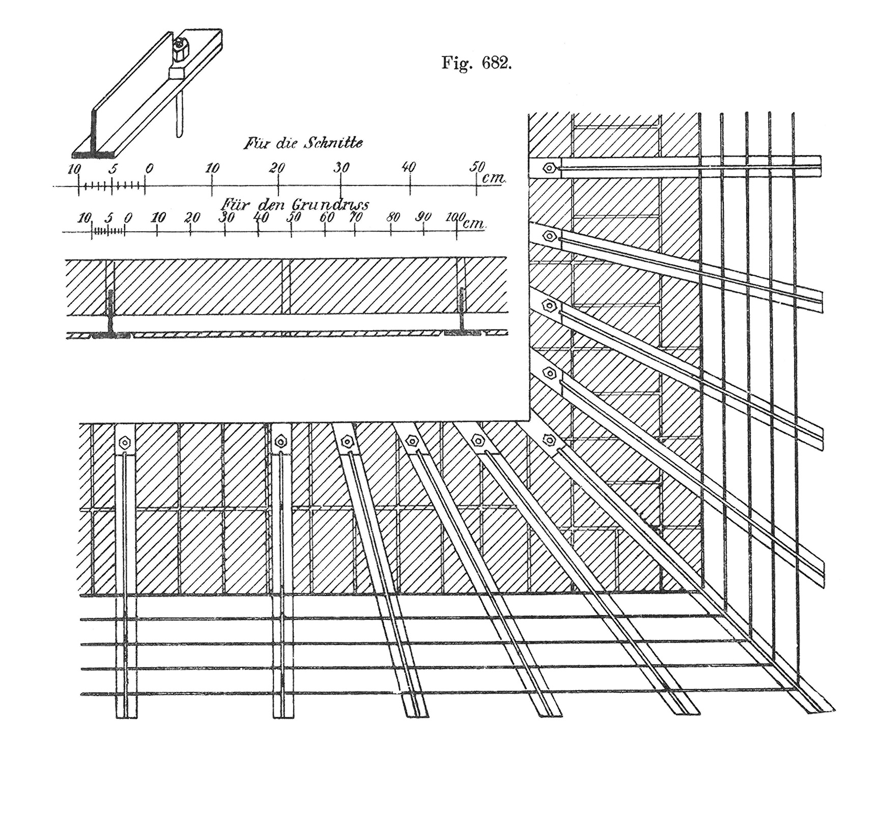 Fig. 682 // weit ausladendes Gesims, Verankerung mit T- Eisen über Eck [Anm. d. Red.]