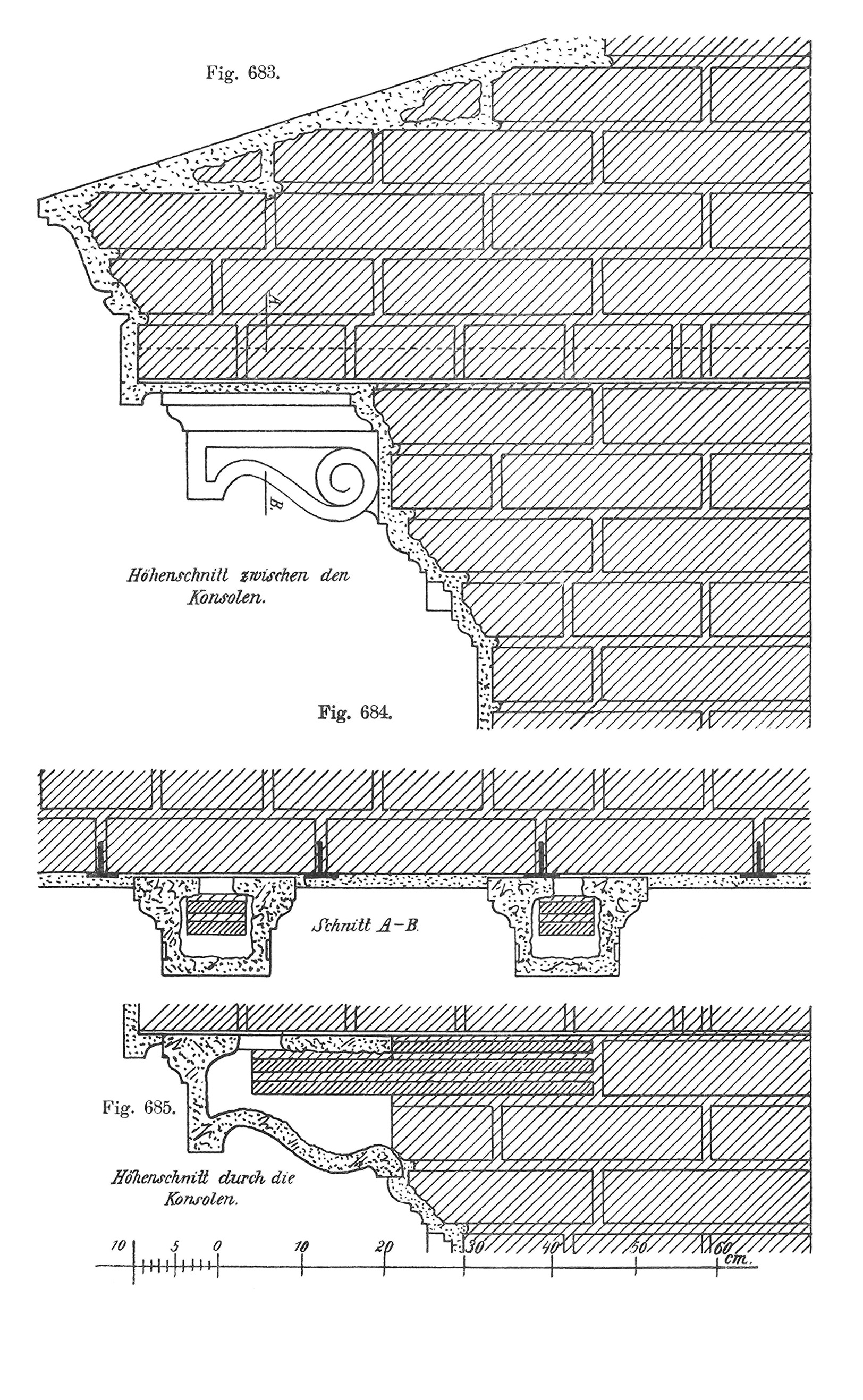 Fig. 680 // weit ausladendes Gesims, Verankerung mit T- Eisen [Anm. d. Red.]