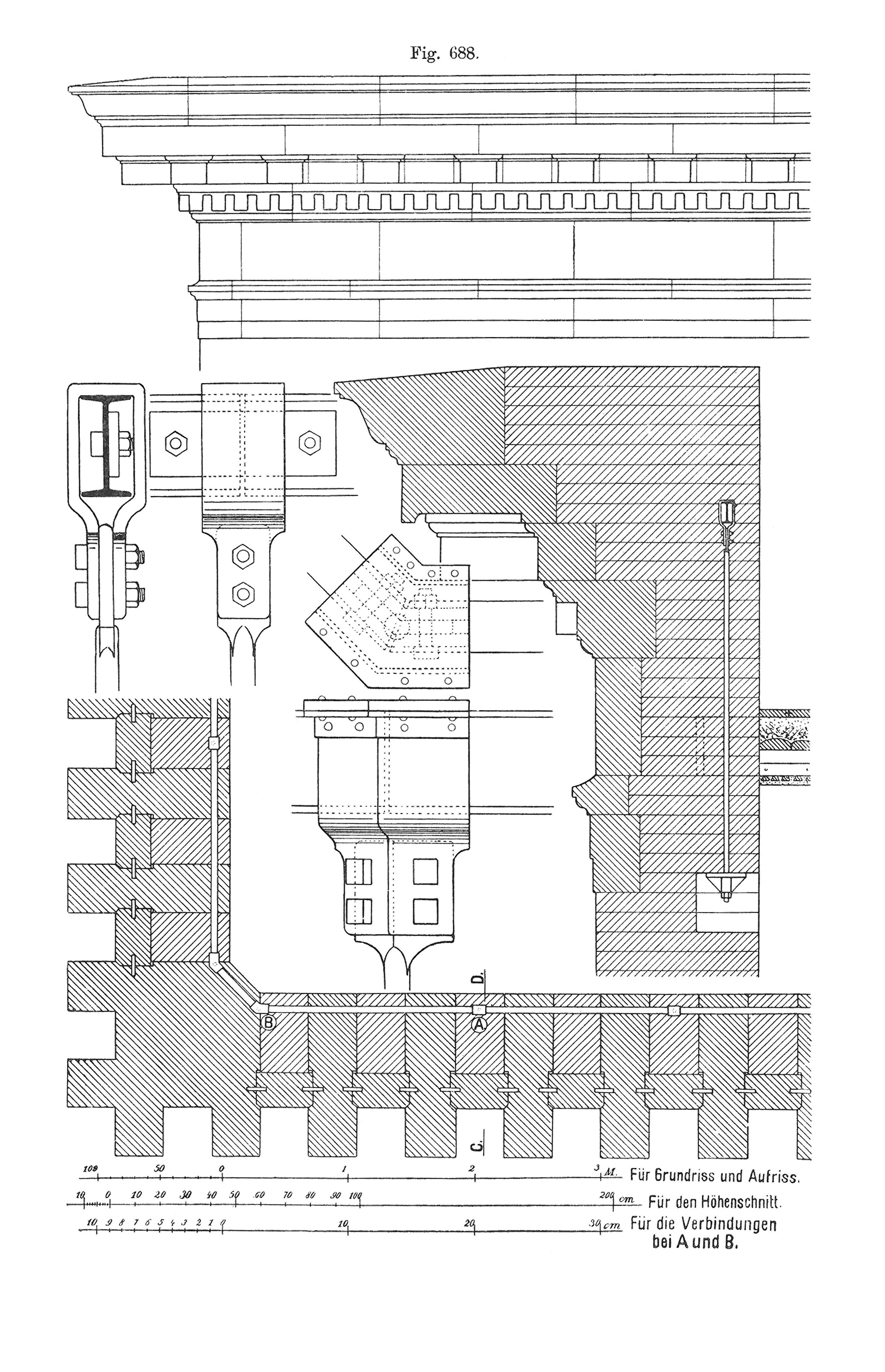 Fig. 688 // weit ausladendes Gesims, Gesims mit Rück- Verankerung über Eck [Anm. d. Red.]