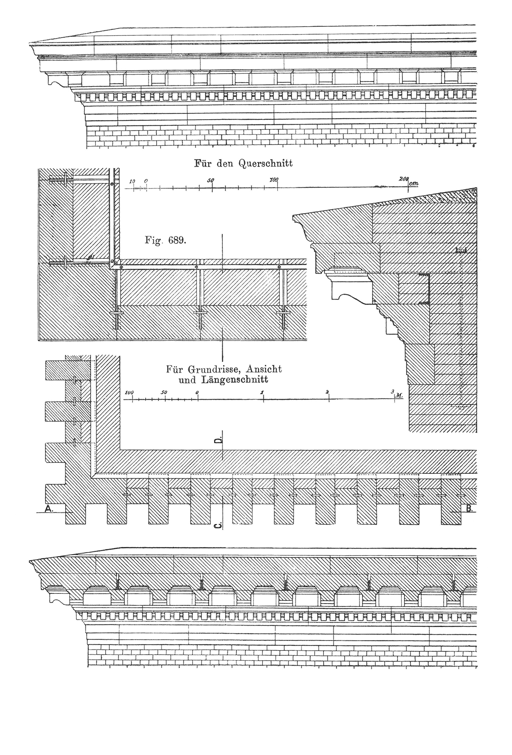 Fig. 689 // weit ausladendes Gesims, Gesims mit Rück- Verankerung und U-Eisen [Anm. d. Red.]