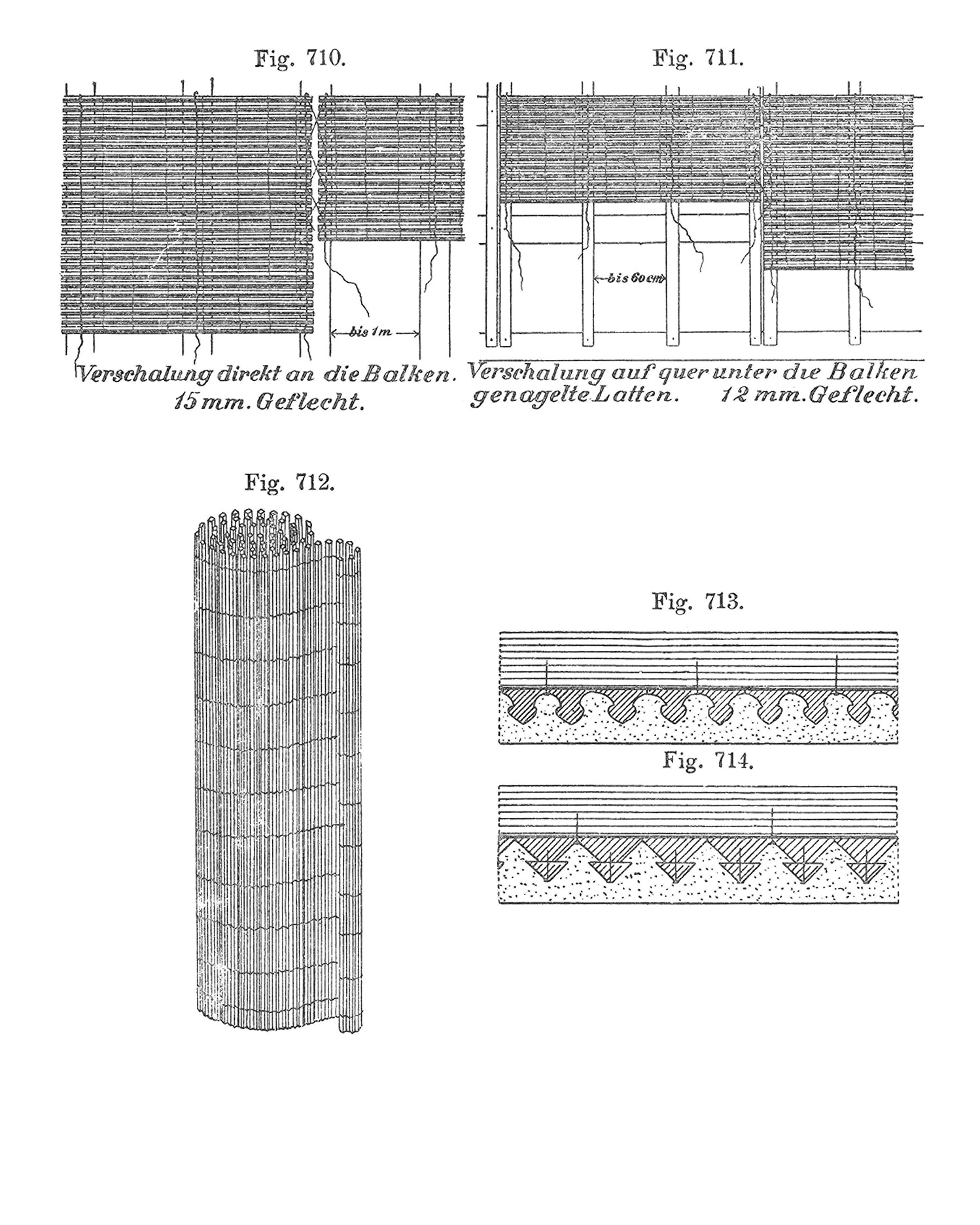 Fig. 710 - 714 // Putzuntergrund mit Schilfrohr oder Holzleisten (Pliesterlatten) [Anm. d. Red.]
