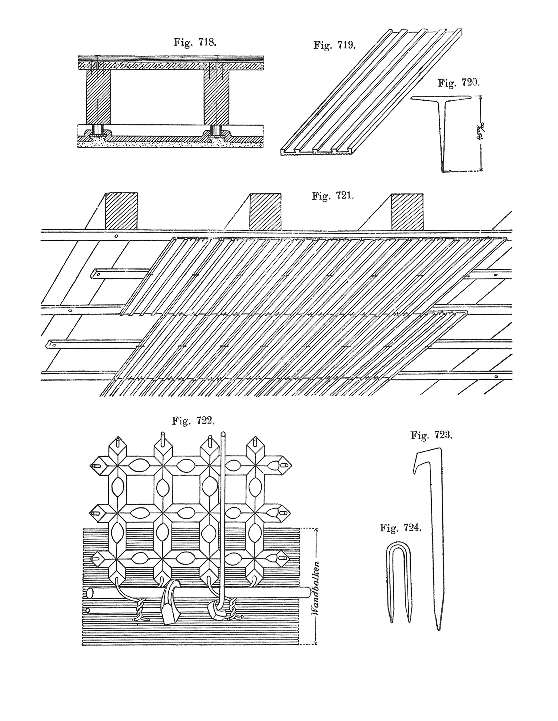 Fig. 718 - 721 // Deckenuntersicht einer Holzbalkendecke aus Tonplatten oder Drahtziegeln [Anm. d. Red.]