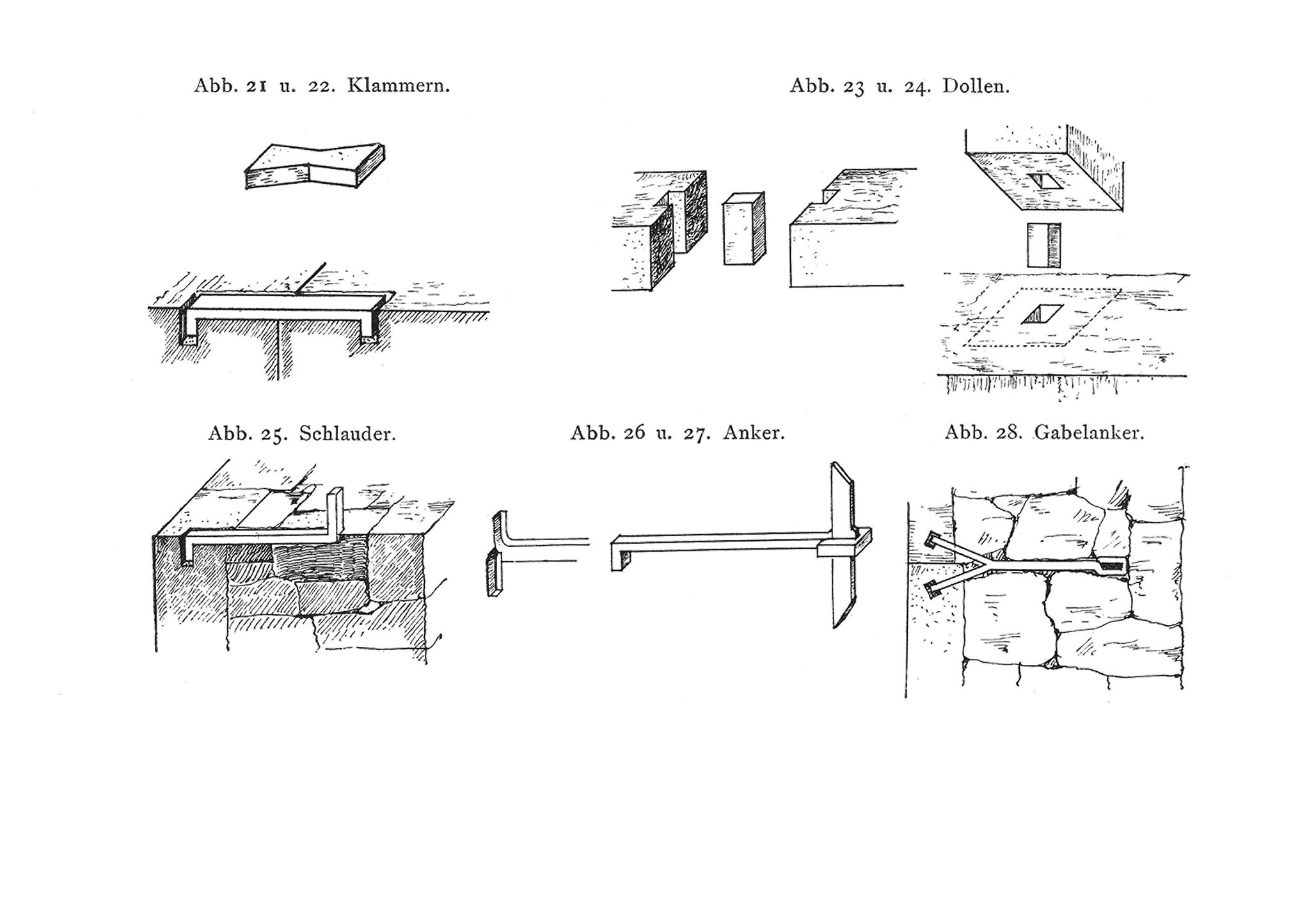 Abb. 21 u. 22. Klammern. // Abb. 23 u. 24. Dollen. // Abb. 25. Schlauder. // Abb. 26 u. 27. Anker. // Abb. 28. Gabelanker.