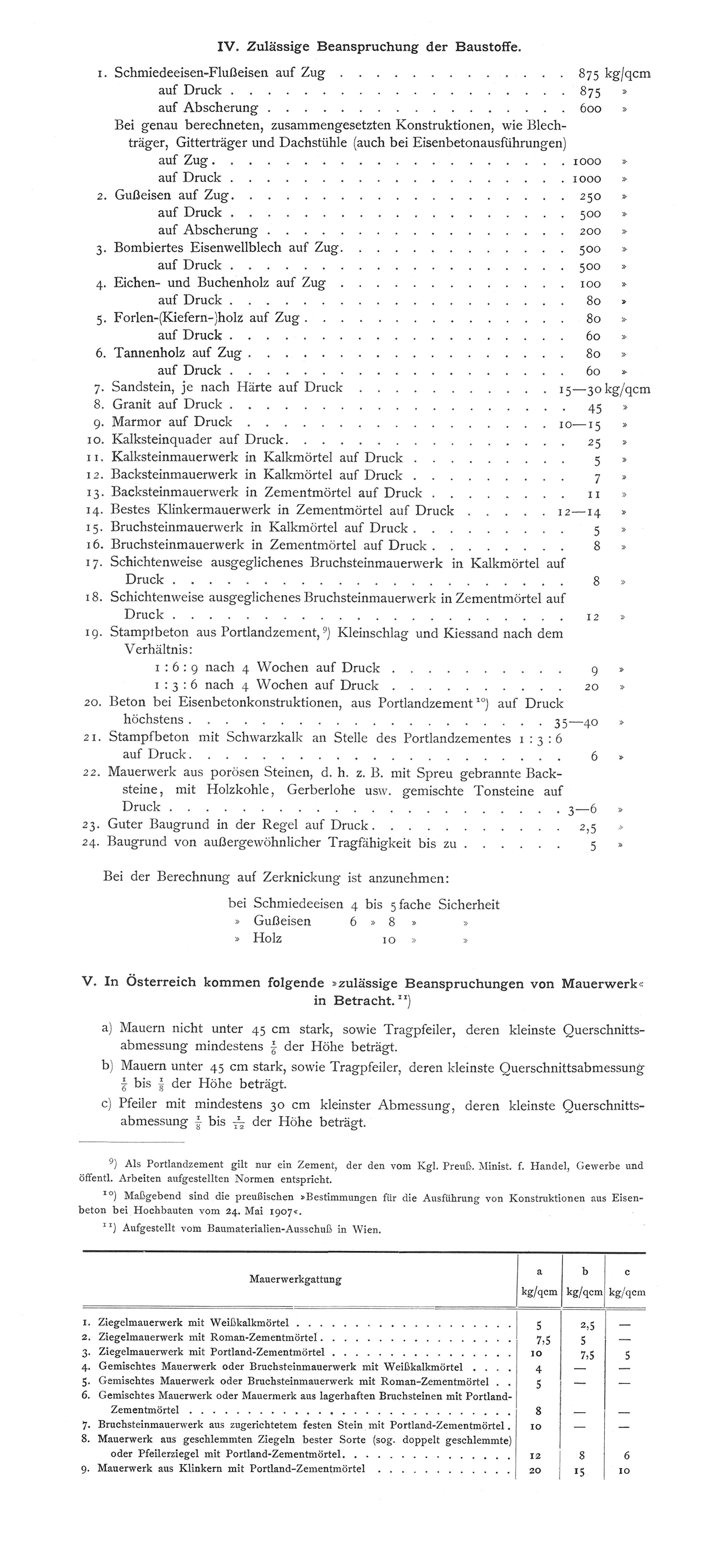 Tabelle IV. Zulässige Beanspruchung der Baustoffe. // Tabelle V. In Österreich kommen folgende >zulässige Beanspruchungen von Mauerwerk< in Betracht. 11*)