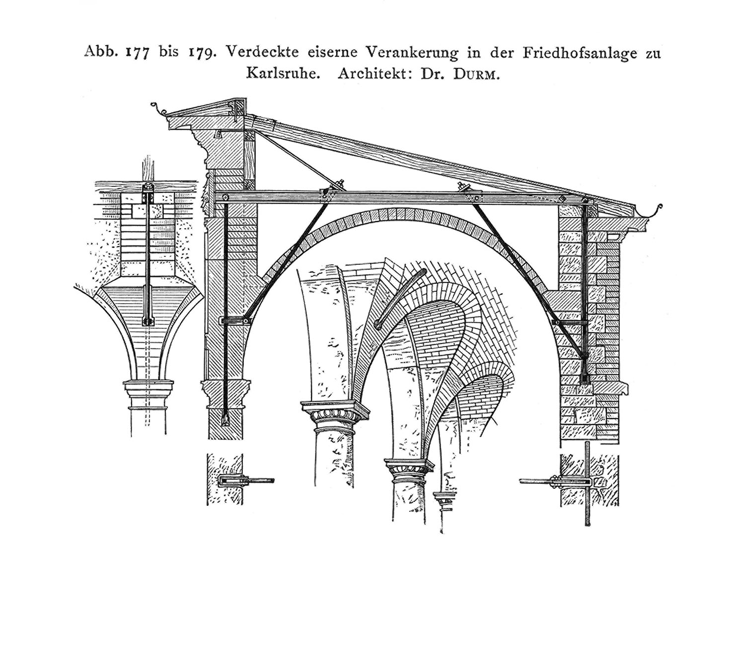 Abb. 177 bis 179 Verdeckte eiserne Verankerungen in der Friedhofsanlage zu Karlsruhe. Architekt: Dr. Durm.