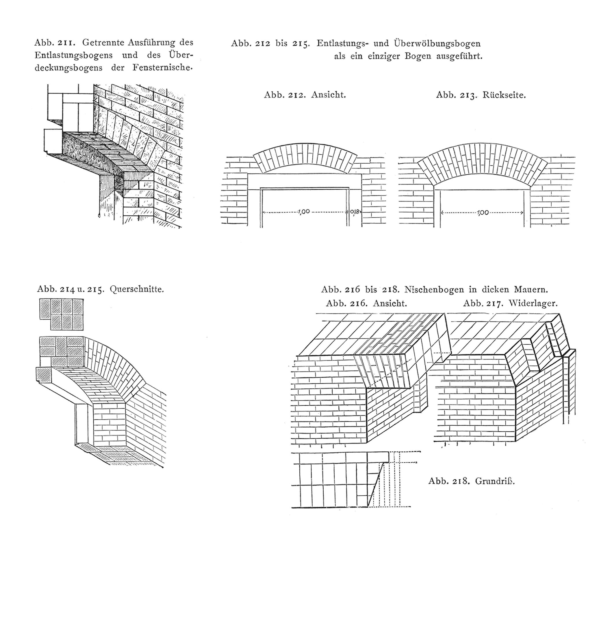 Abb. 211. Getrennte Ausführung des Entlastungsbogens und des Überdeckungsbogens der Fensternische. // Abb. 212 bis 215. Entlastungs- und Überwölbungsbogen als ein einziger Bogen ausgeführt. // Abb. 212: Ansicht. // Abb. 213. Rückseite. // Abb. 214 und 215. Querschnitte. // Abb. 216 bis 218. Nischenbogen in dicken Mauern. // Abb. 216. Ansicht. // Abb. 217. Widerlager. // Abb. 218. Grundriß.