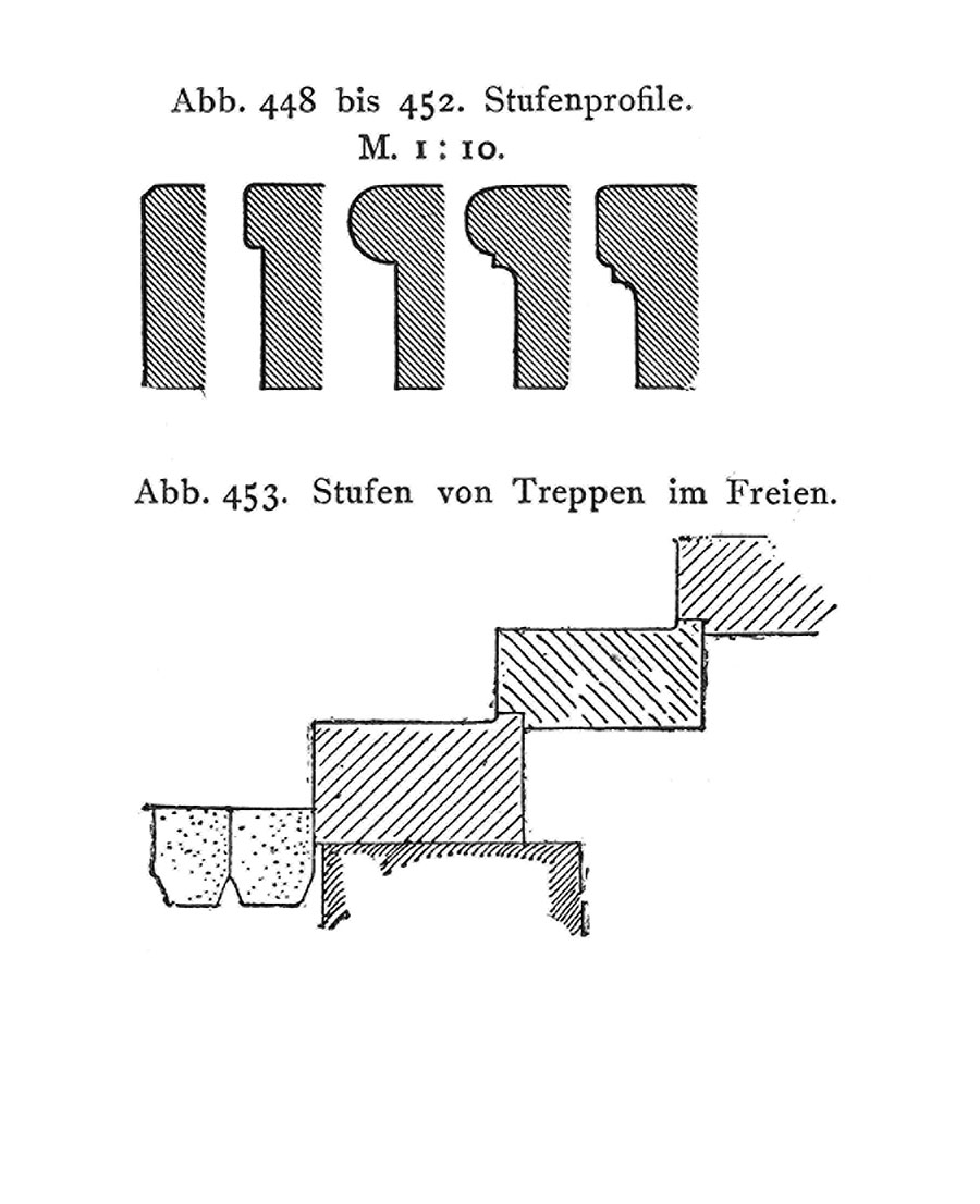 Abb. 448 bis 452. Stufenprofile. M. 1:10. // Abb. 453. Stufen von Treppen im Freien.
