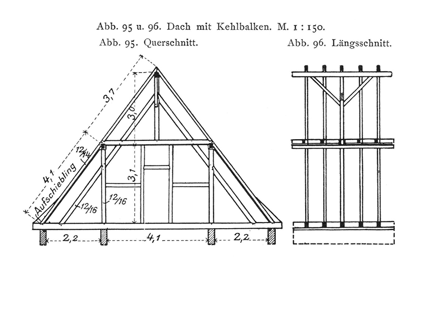 Abb. 95 u. 96. Dach mit Kehlbalken. M. 1:150. // Abb. 95. Querschnitt. // Abb. 96. Längsschnitt.