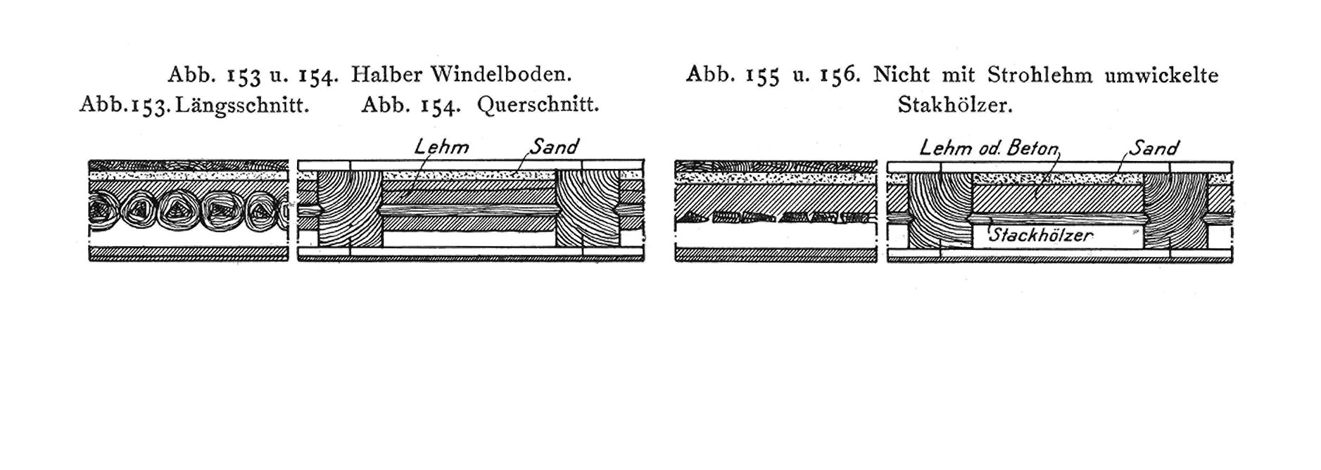 Abb. 153 u. 154. Halber Windelboden // Abb. 153. Längsschnitt. // Abb. 154. Querschnitt // Abb. 155 u. 156. Nicht mit Strohlehm umwickelte Stakhölzer.
