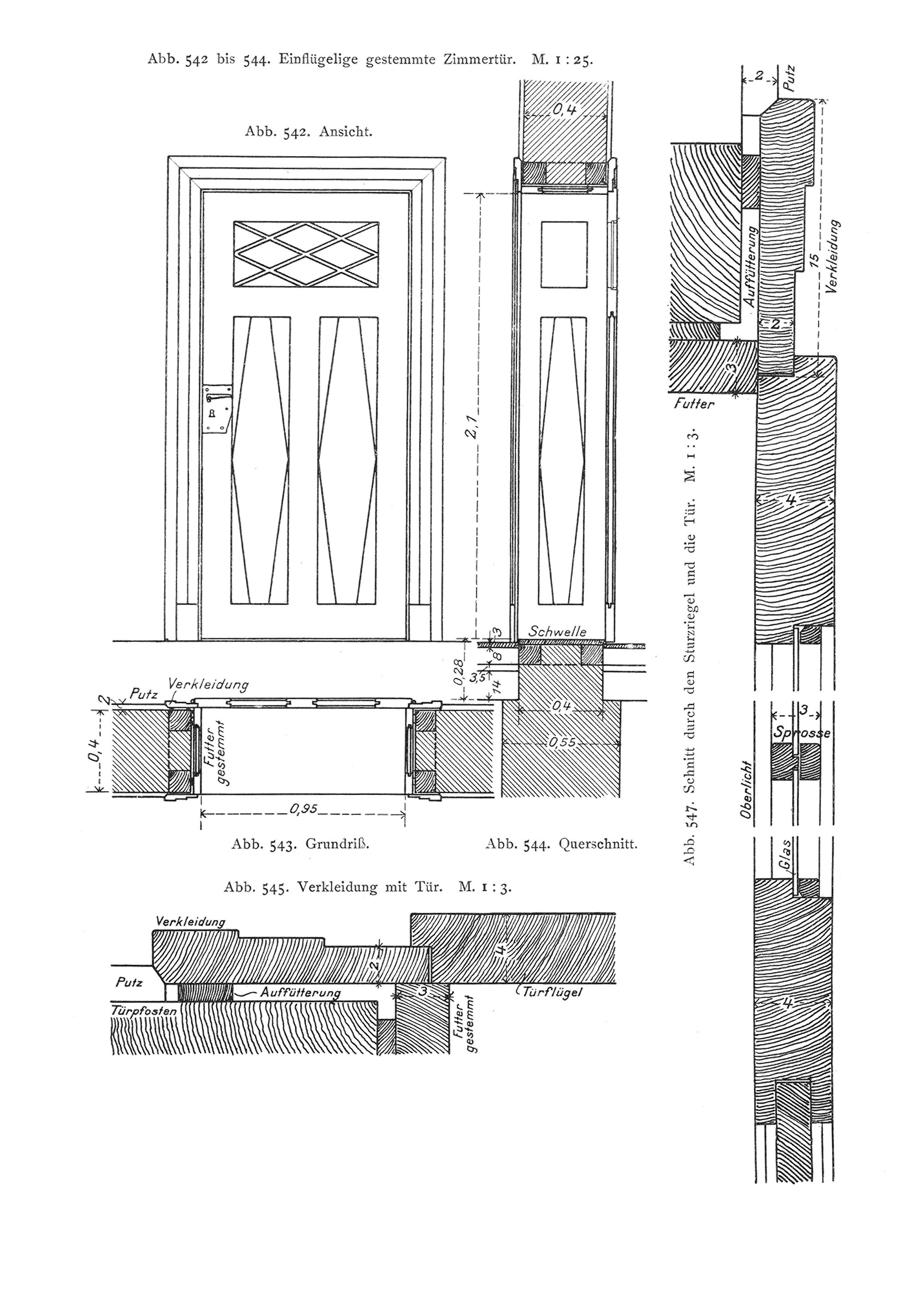 Abb. 542 bis 544. Einflüglige gestemmte Zimmertür. M. 1:25. // Abb. 542: Ansicht. // Abb. 543. Grundriß // Abb. 544. Querschnitt. // Abb. 545. Verkleidung mit Tür. M. 1:3. // Abb. 547. Schnitt durch den Sturzriegel und die Tür. M. 1:3.
